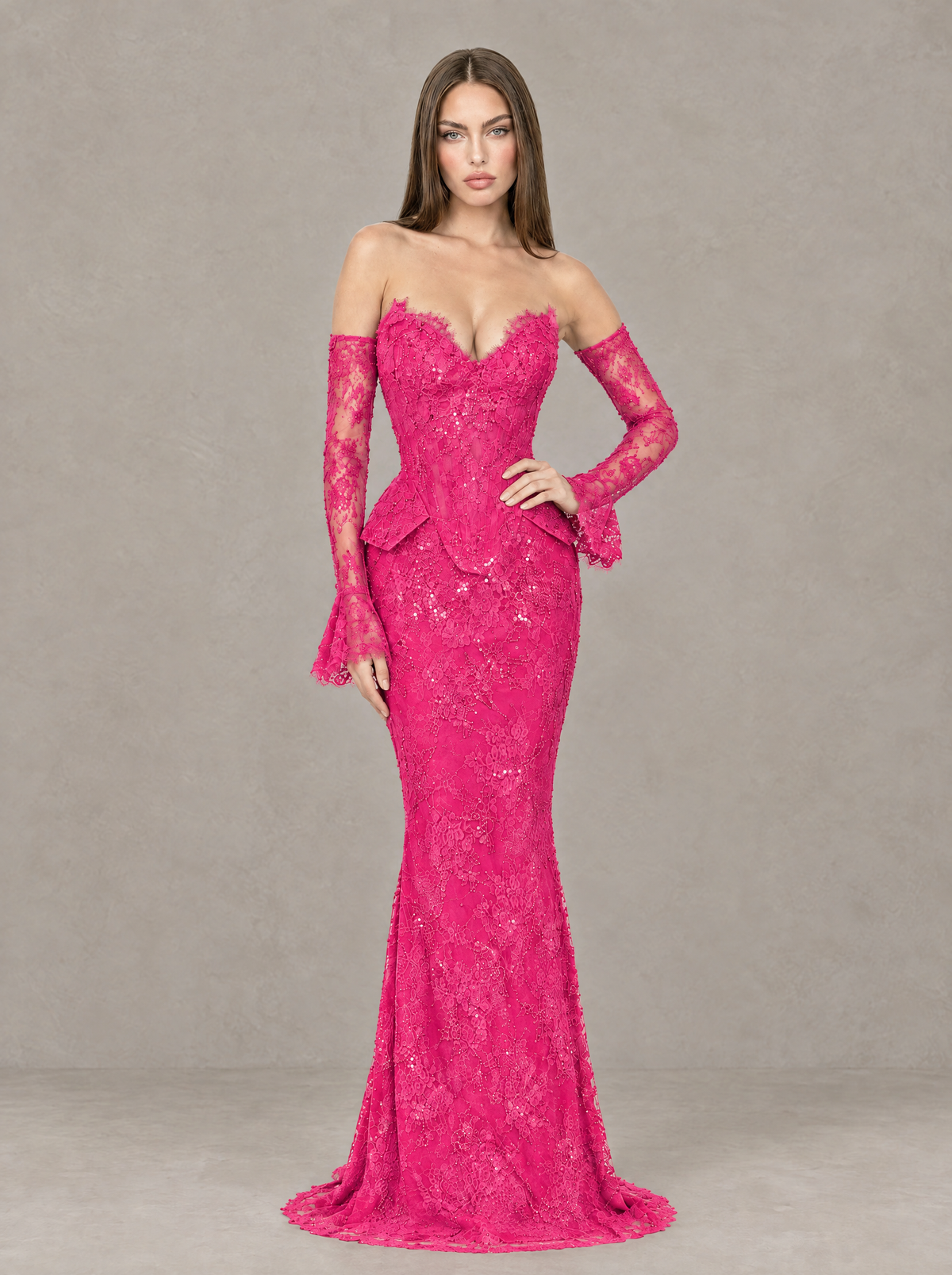 BOLODOO Hot Pink Lace Off-the-Shoulder Long Sleeve Mermaid Evening Gown - Hot Pink - Hot Pink (3)