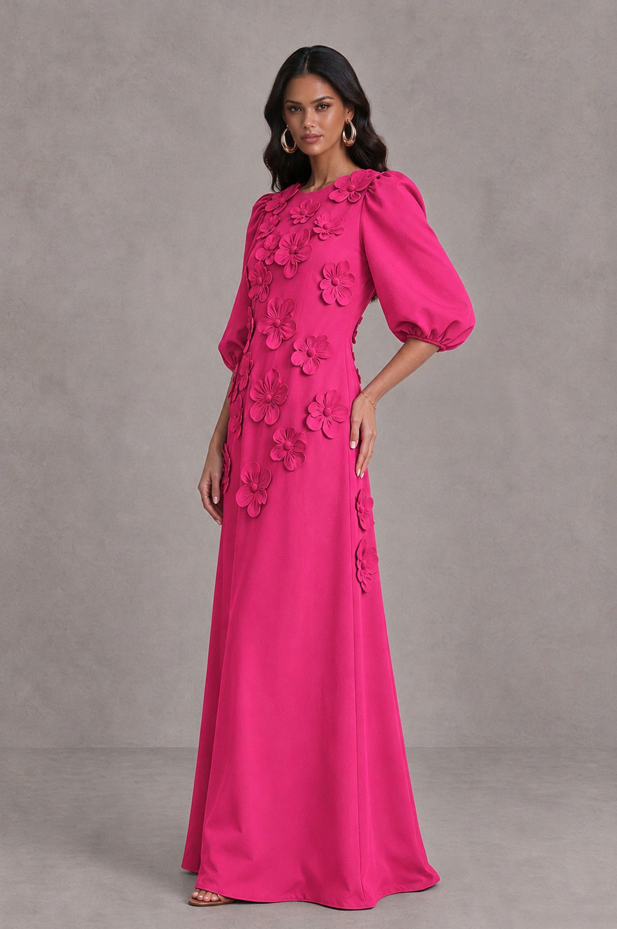 BOLODOO Hot Pink Floral Applique Puff Sleeve A-Line Evening Dress - Hot Pink - Hot Pink (4)