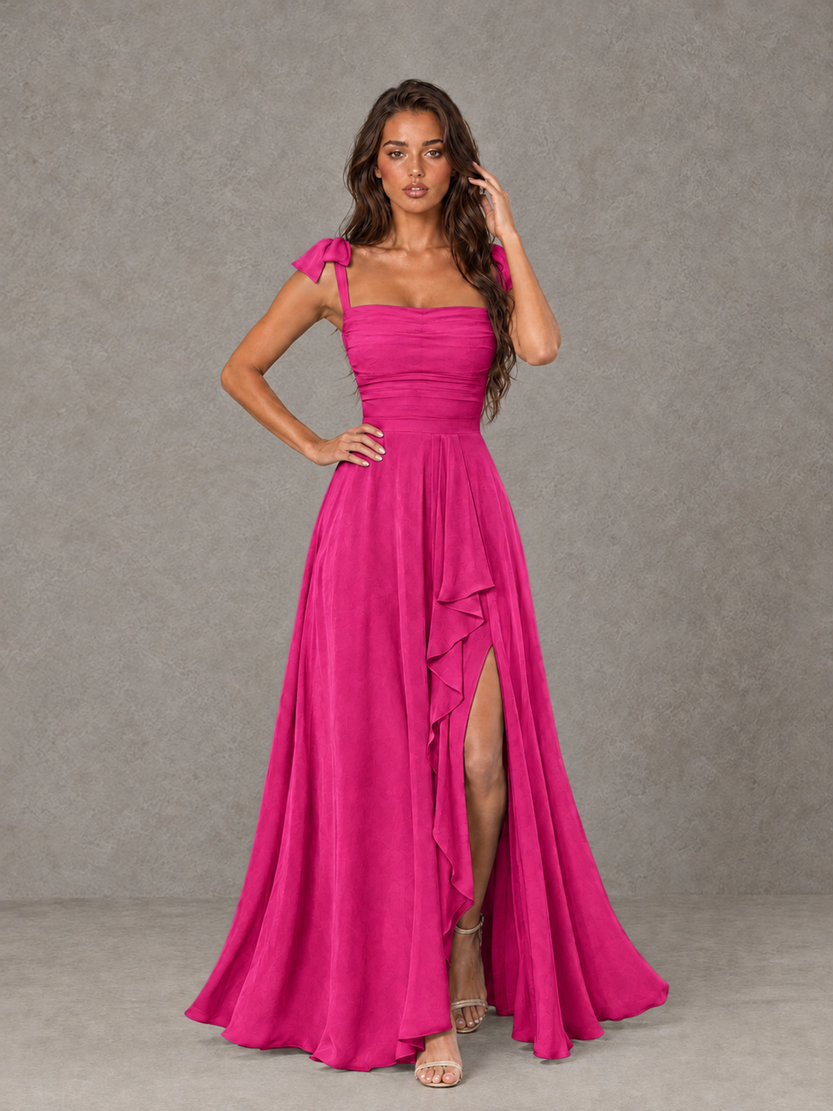 BOLODOO Hot Pink Bow-Strap Bridesmaid Dress with Ruffle Slit - Hot Pink - Hot Pink (4)