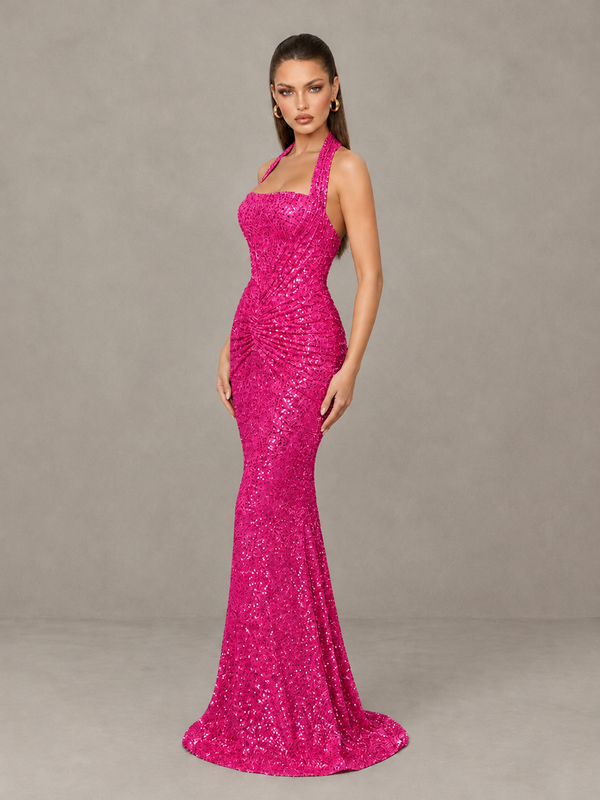 BOLODOO Hot Pink Sequin Halter Mermaid Evening Gown - Hot Pink - Hot Pink (4)