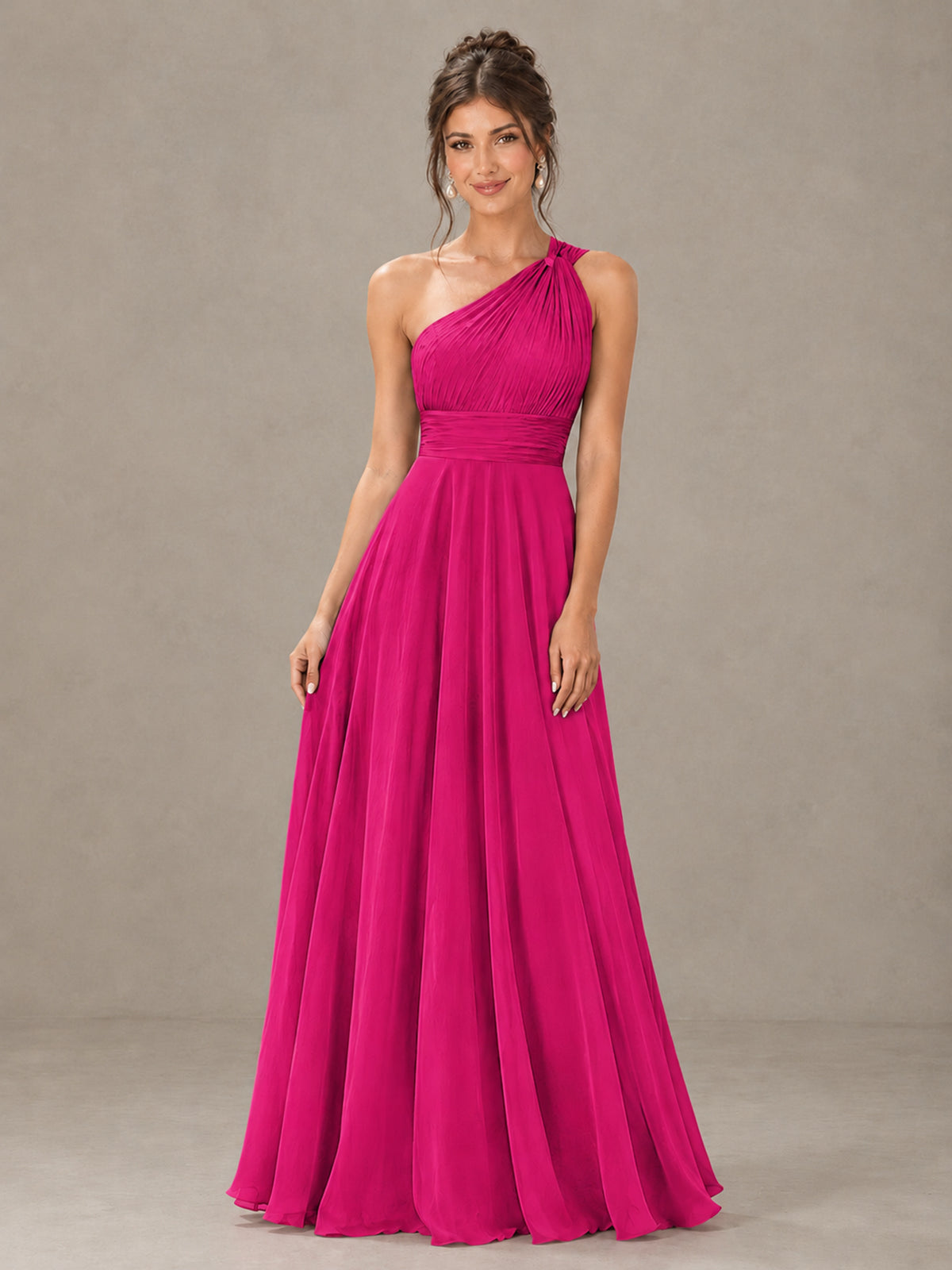 BOLODOO Hot Pink One-Shoulder Chiffon-Look Bridesmaid Dress - Hot Pink - Hot Pink (4)