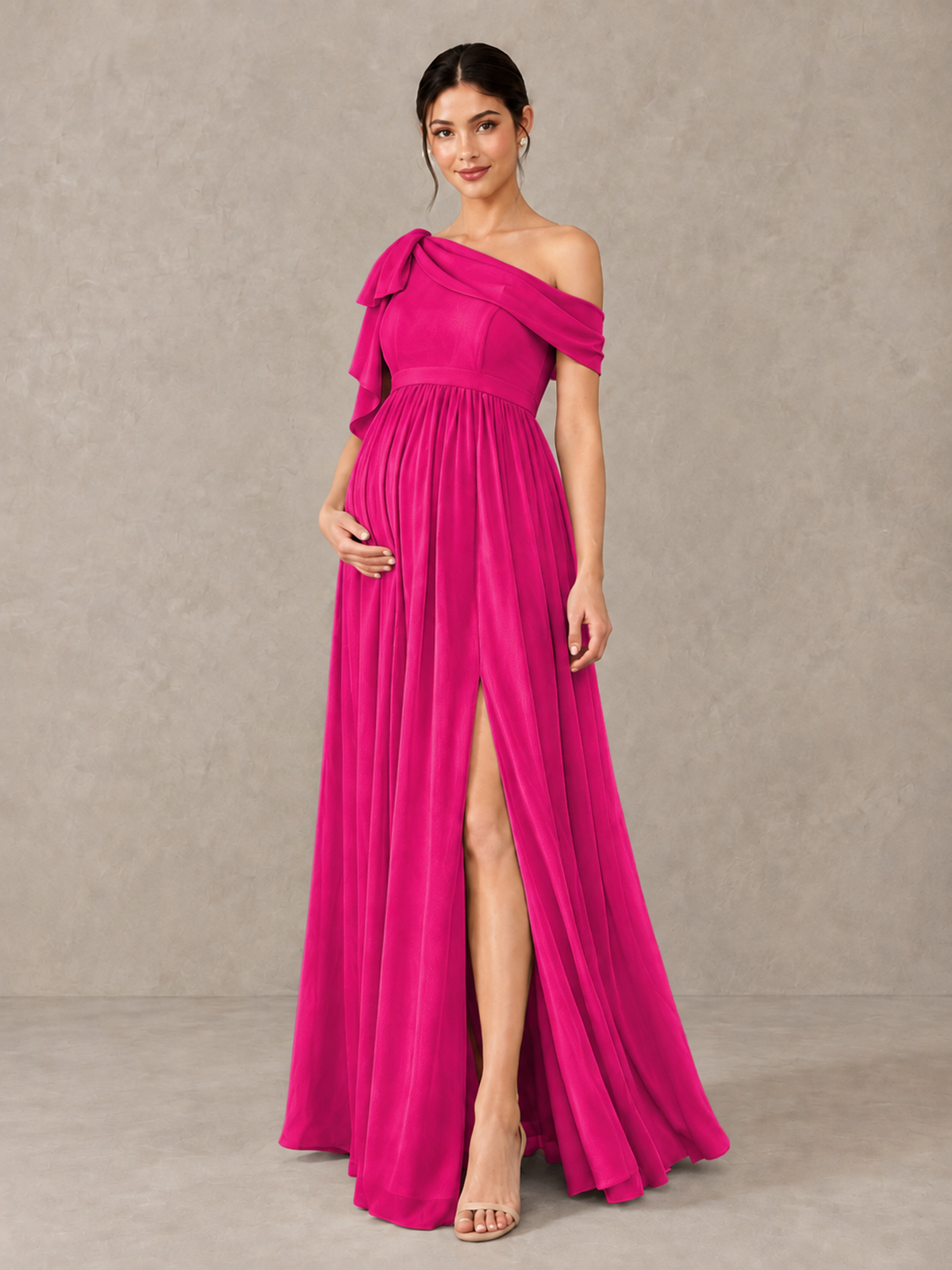 BOLODOO Hot Pink One-Shoulder Maternity Bridesmaid Dress with Slit - Hot Pink - Hot Pink (4)