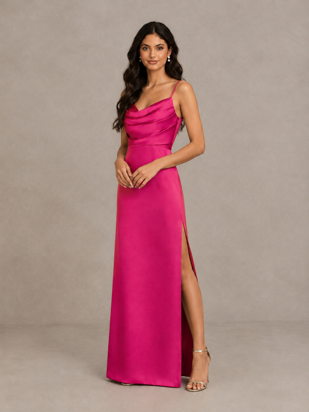 BOLODOO Hot Pink Cowl Neck Satin Bridesmaid Dress with Slit - Hot Pink - Hot Pink (4)