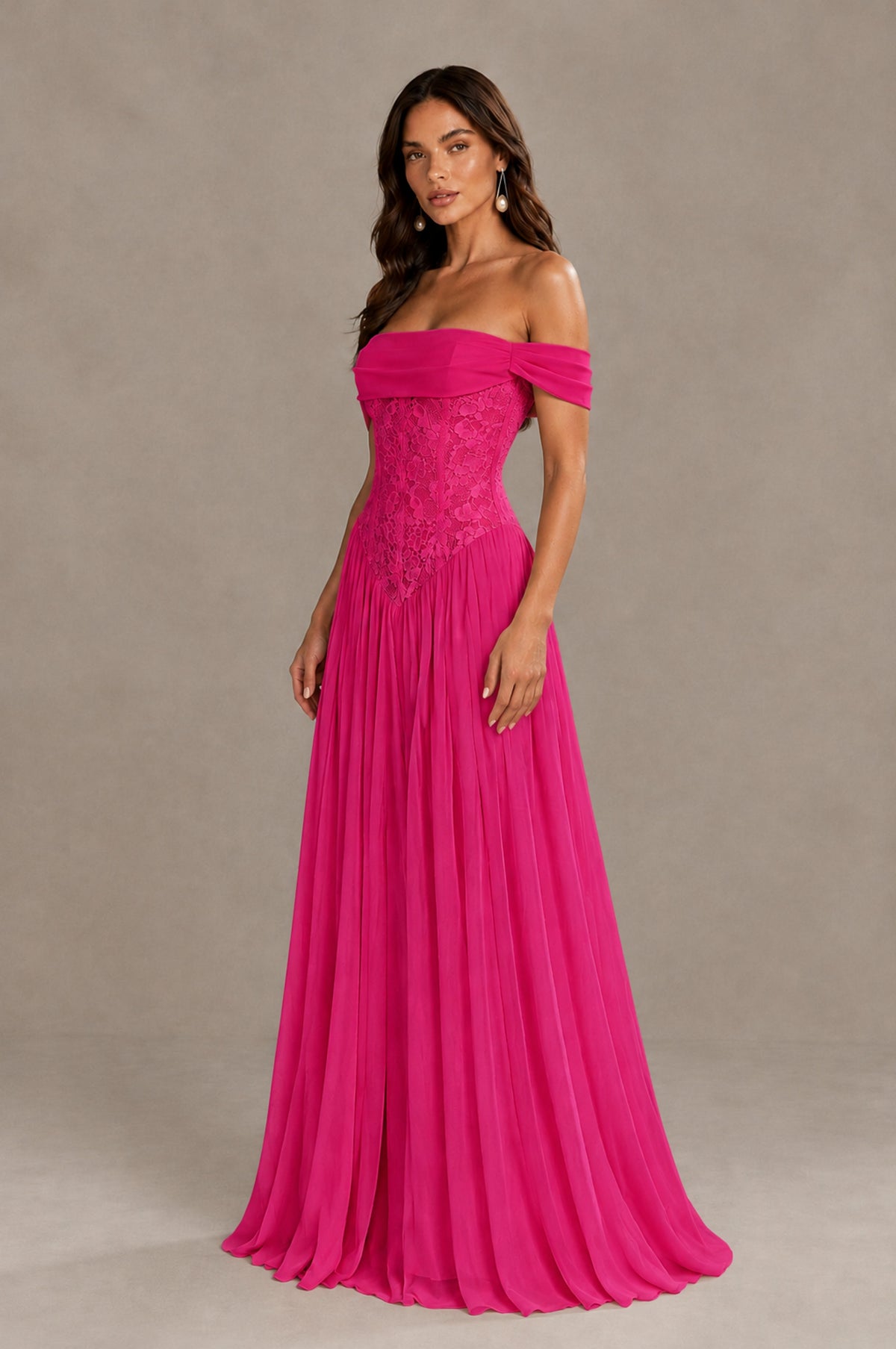 BOLODOO Hot Pink Off-Shoulder Lace Corset Tulle Maxi Dress - Hot Pink - Hot Pink (4)