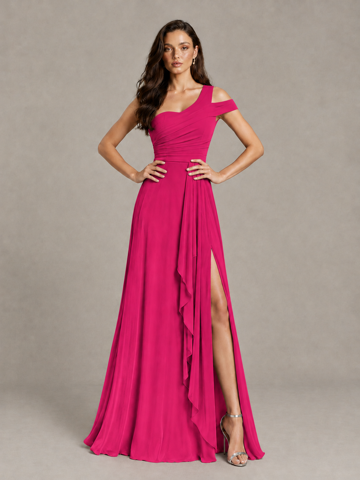BOLODOO Hot Pink One-Shoulder Bridesmaid Dress with Side Slit - Hot Pink - Hot Pink (4)