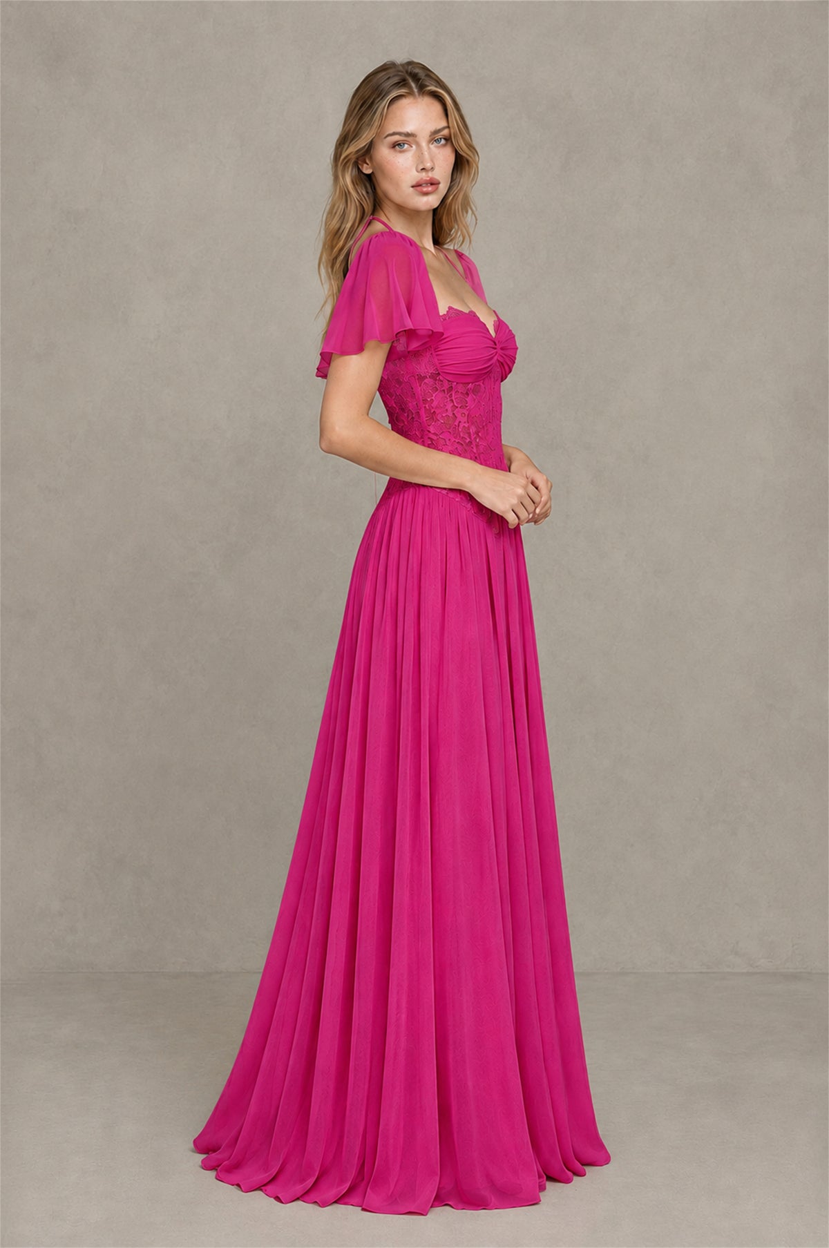 BOLODOO Hot Pink Flutter Sleeve Lace Corset A-Line Maxi Dress - Hot Pink - Hot Pink (4)