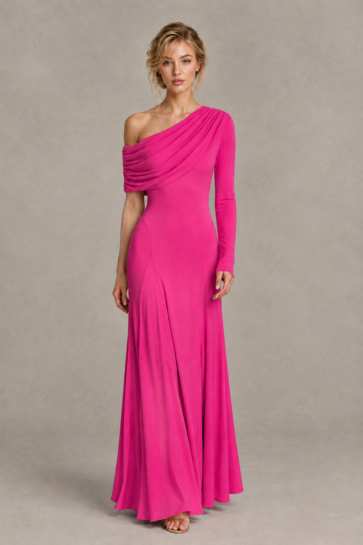 BOLODOO Hot Pink Asymmetric Draped Long Sleeve Evening Gown - Hot Pink