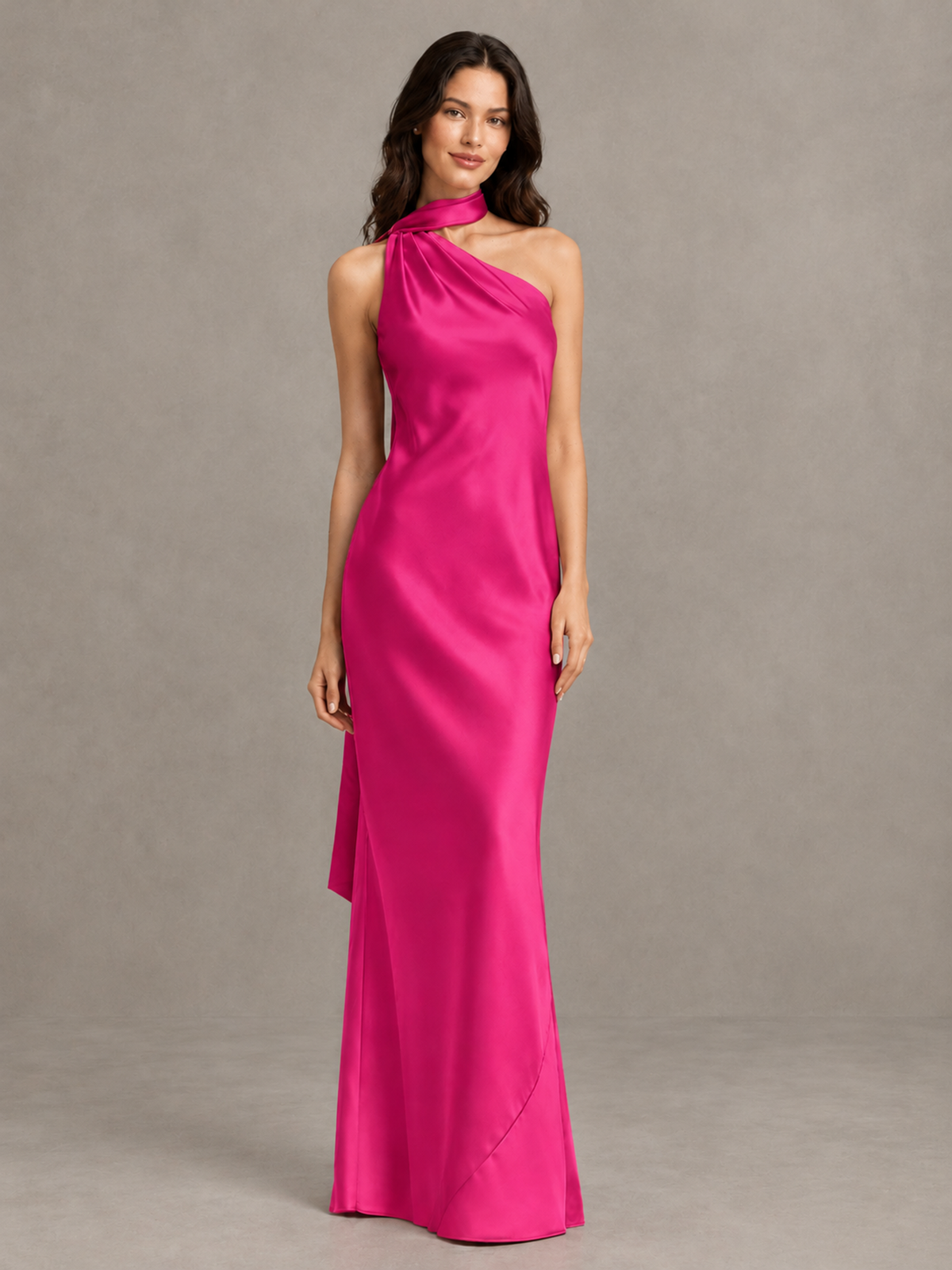 BOLODOO Hot Pink Satin One-Shoulder Bridesmaid Dress with Open Back - Hot Pink - Hot Pink (4)