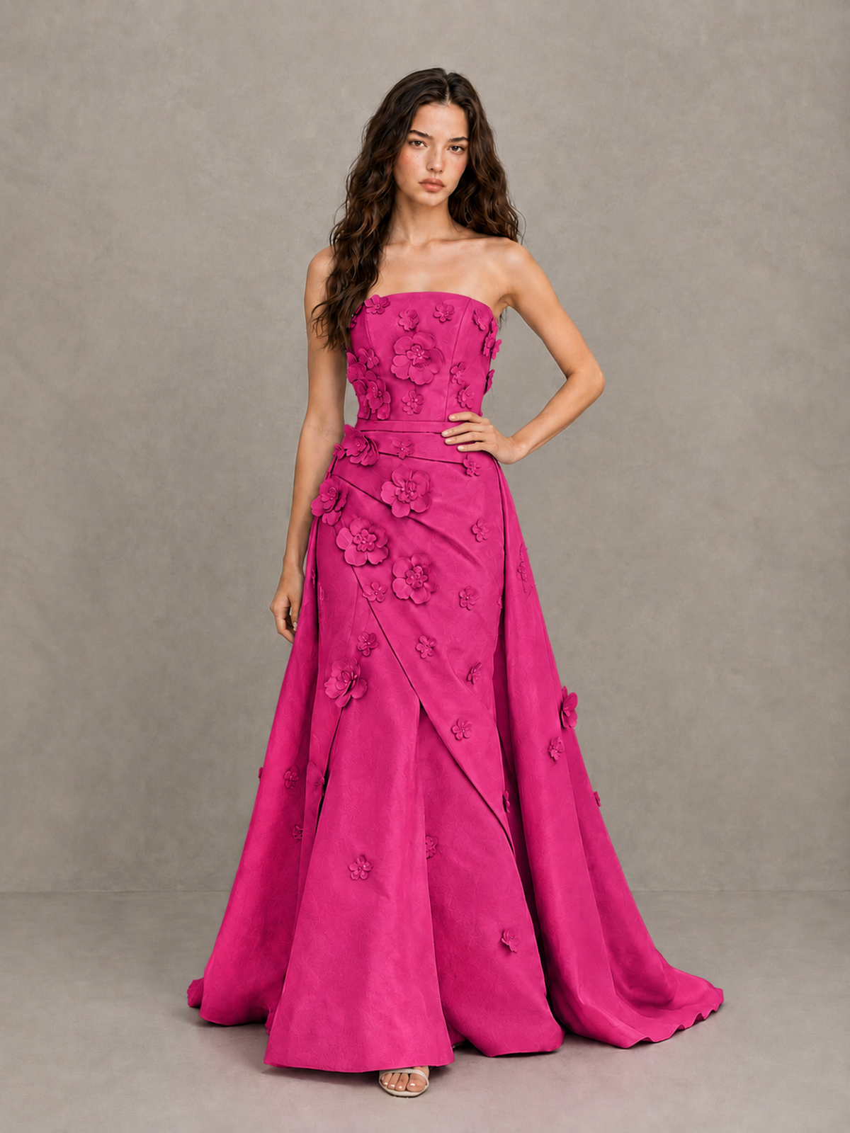 BOLODOO Hot Pink Strapless 3D Floral Applique Prom Gown with Draped Skirt - Hot Pink - Hot Pink (4)