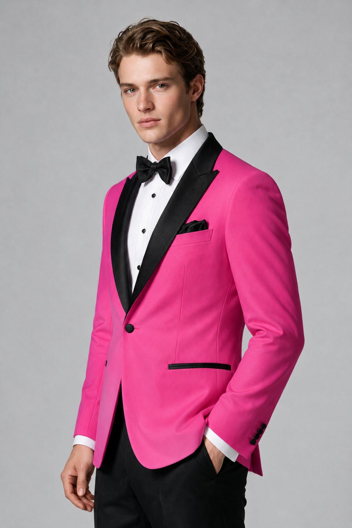 BOLODOO Men's Hot Pink Single-Button Tuxedo Blazer & Black Trousers 2-Piece Suit Set - Hot Pink - Hot Pink (4)