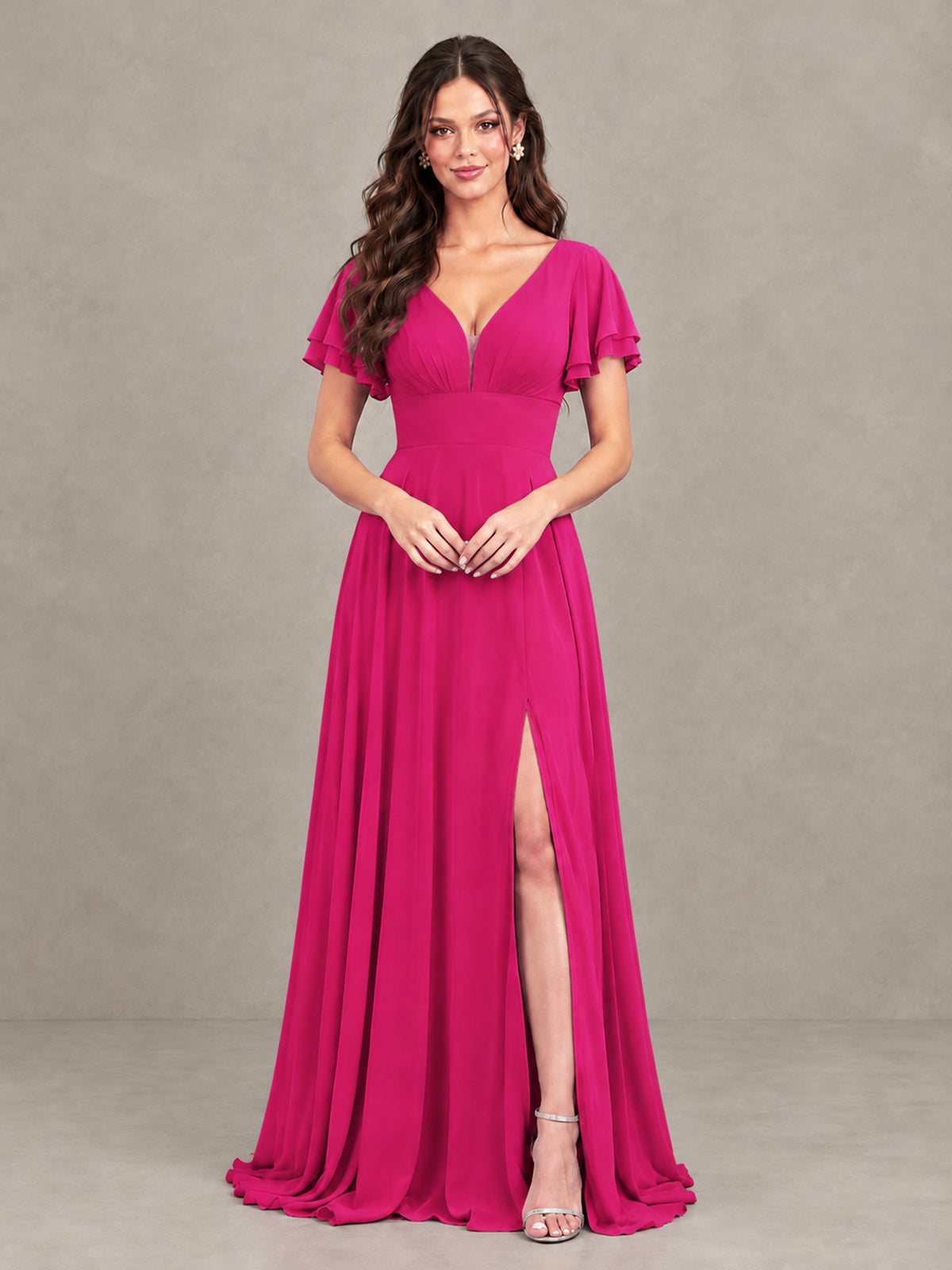 BOLODOO Hot Pink Flutter Sleeve Chiffon A-Line Maxi Bridesmaid Dress with Open Back & Slit - Hot Pink - Hot Pink (4)
