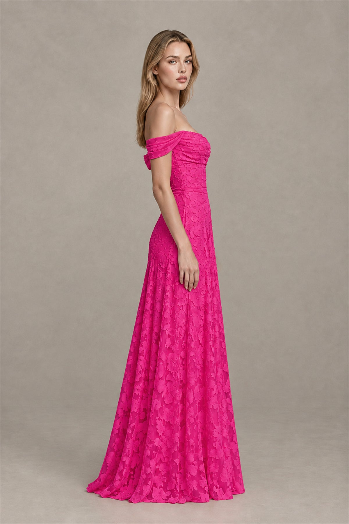 BOLODOO Hot Pink Off-Shoulder Pleated A-Line Maxi Dress Floral - Hot Pink