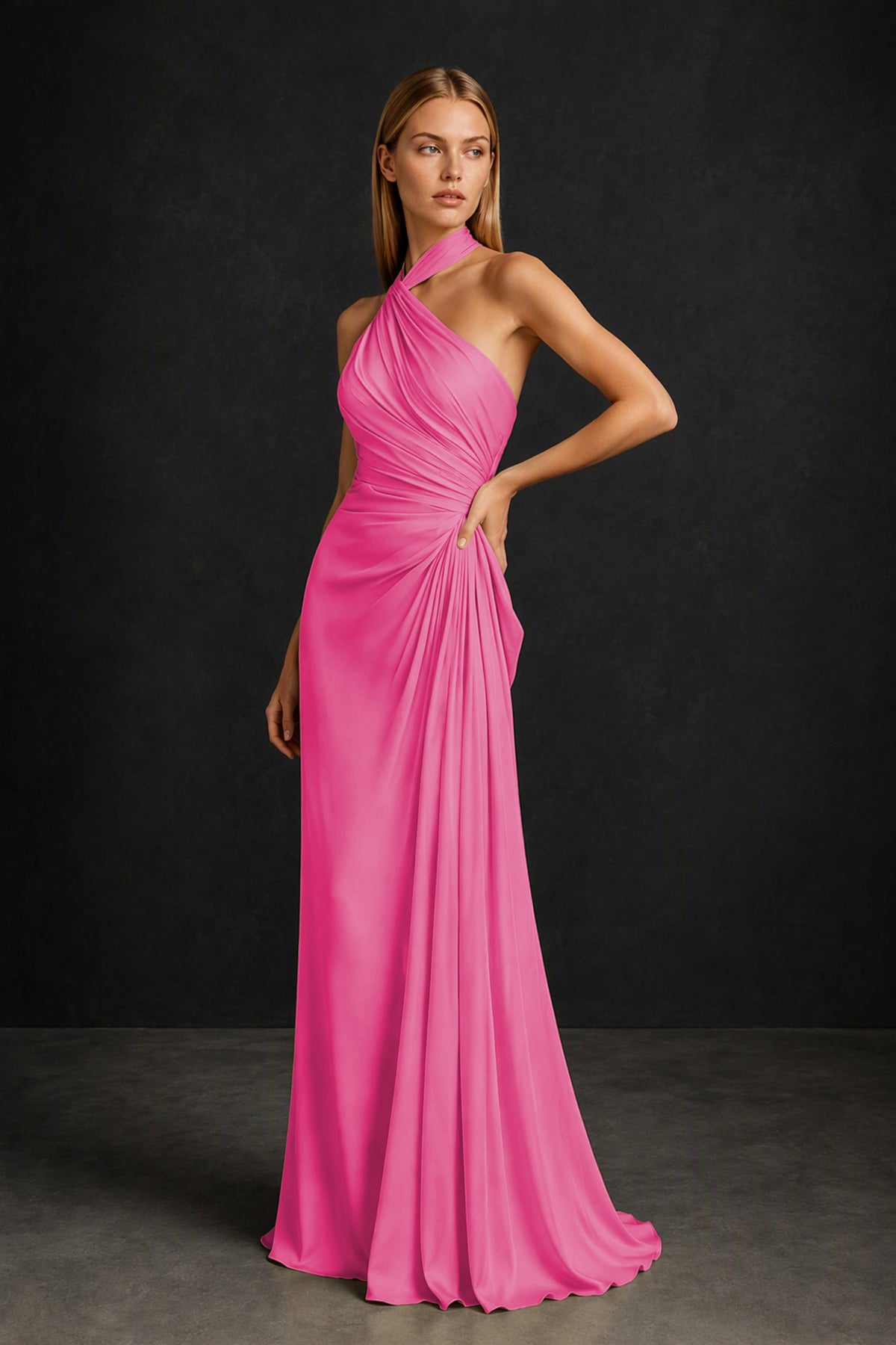BOLODOO Hot Pink Twisted Halter Neck Ruched Sleeveless Open Back Floor-Length Gown - Hot Pink