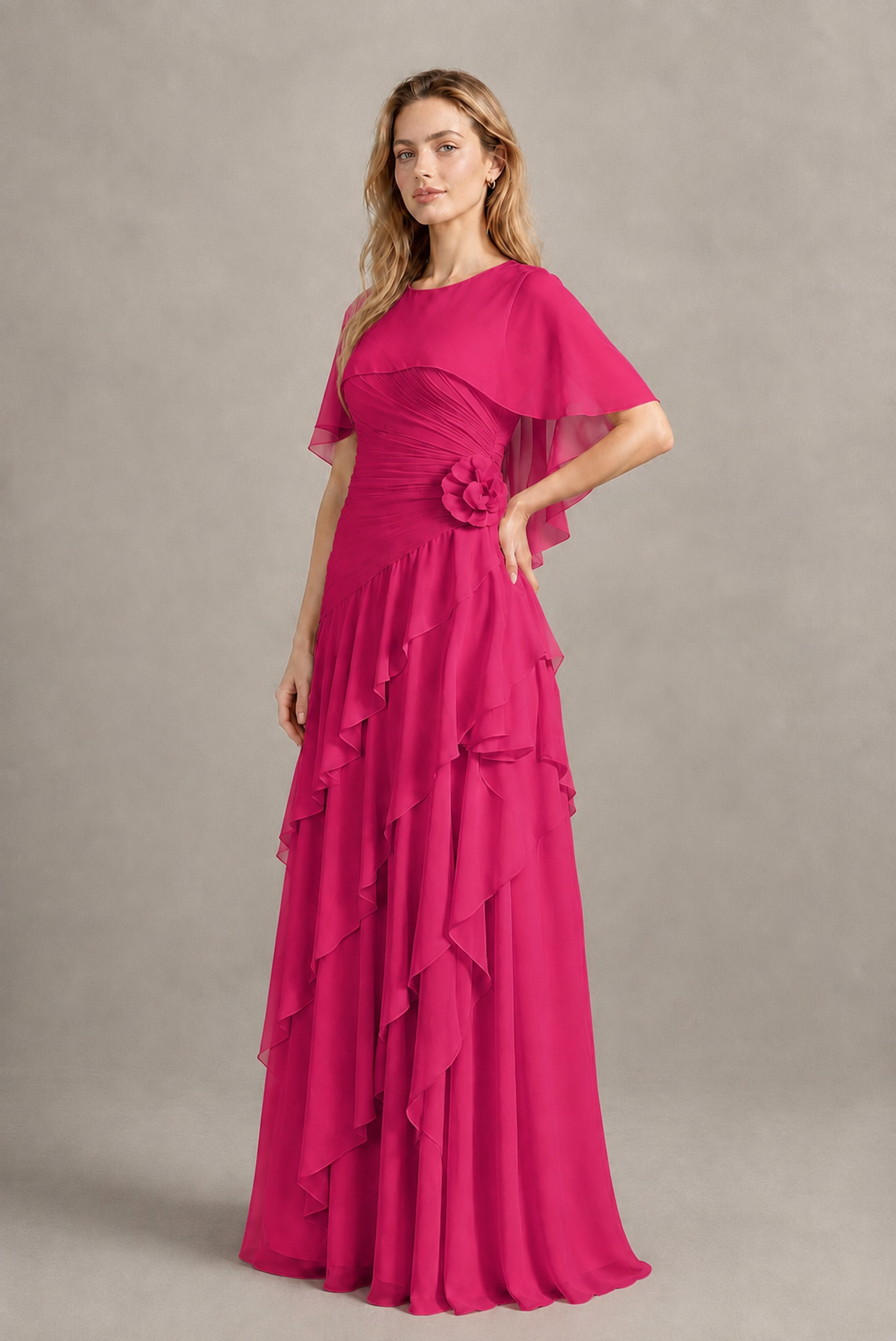 BOLODOO Hot Pink Chiffon Flutter Sleeve Tiered Maxi Dress with 3D Rosette - Hot Pink