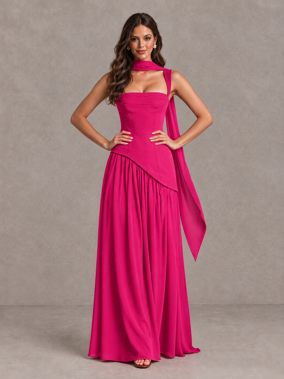 BOLODOO Hot Pink Brown Scarf Bridesmaid Dress with Lace-Up Back - Hot Pink - Hot Pink (4)