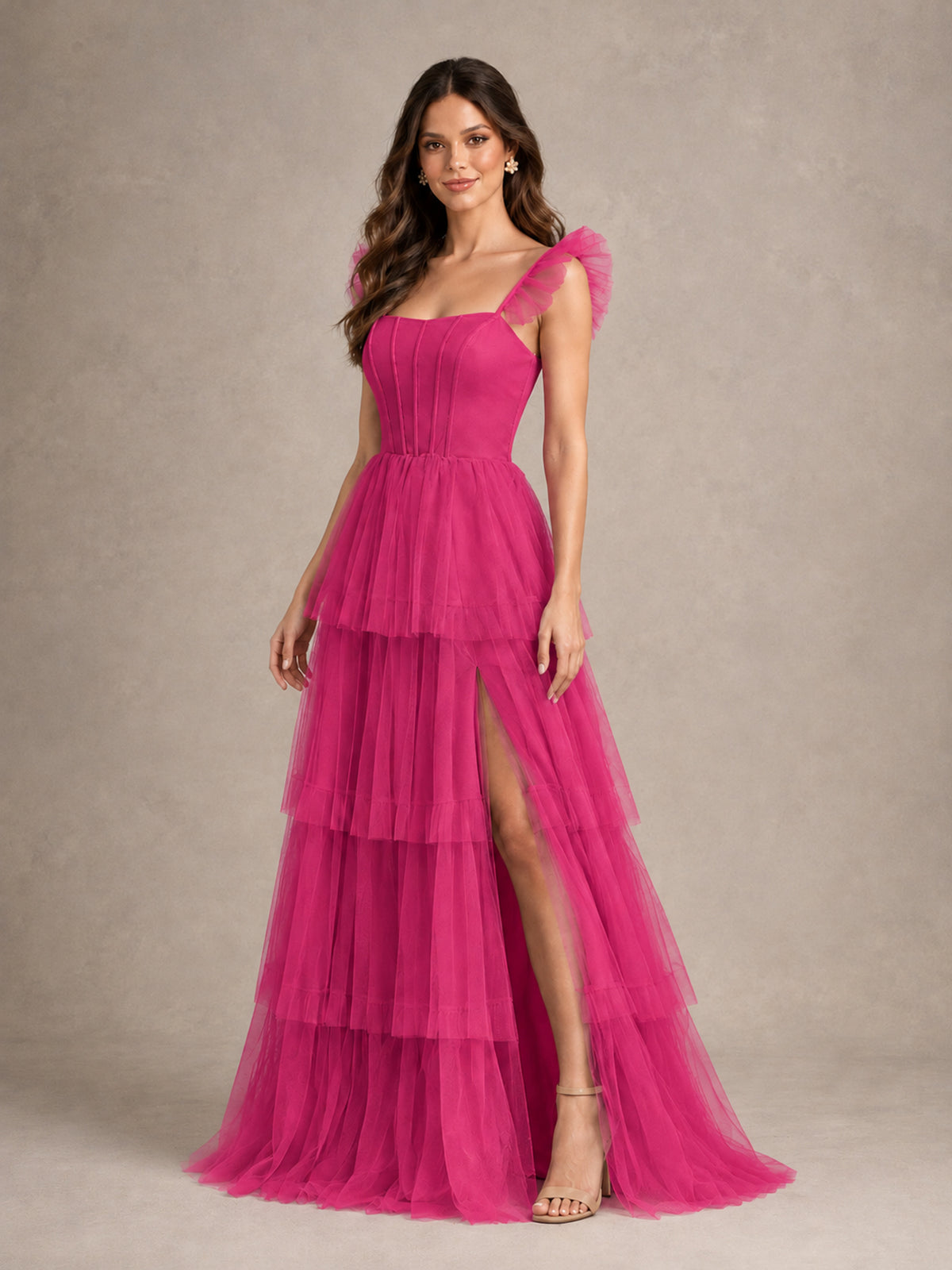 BOLODOO Hot Pink Tiered Tulle Bridesmaid Dress with Slit - Hot Pink - Hot Pink (4)