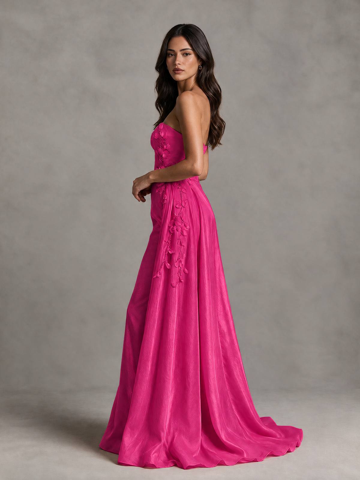 BOLODOO Hot Pink Strapless Floral Applique Prom Dress with Overskirt - Hot Pink - Hot Pink (4)