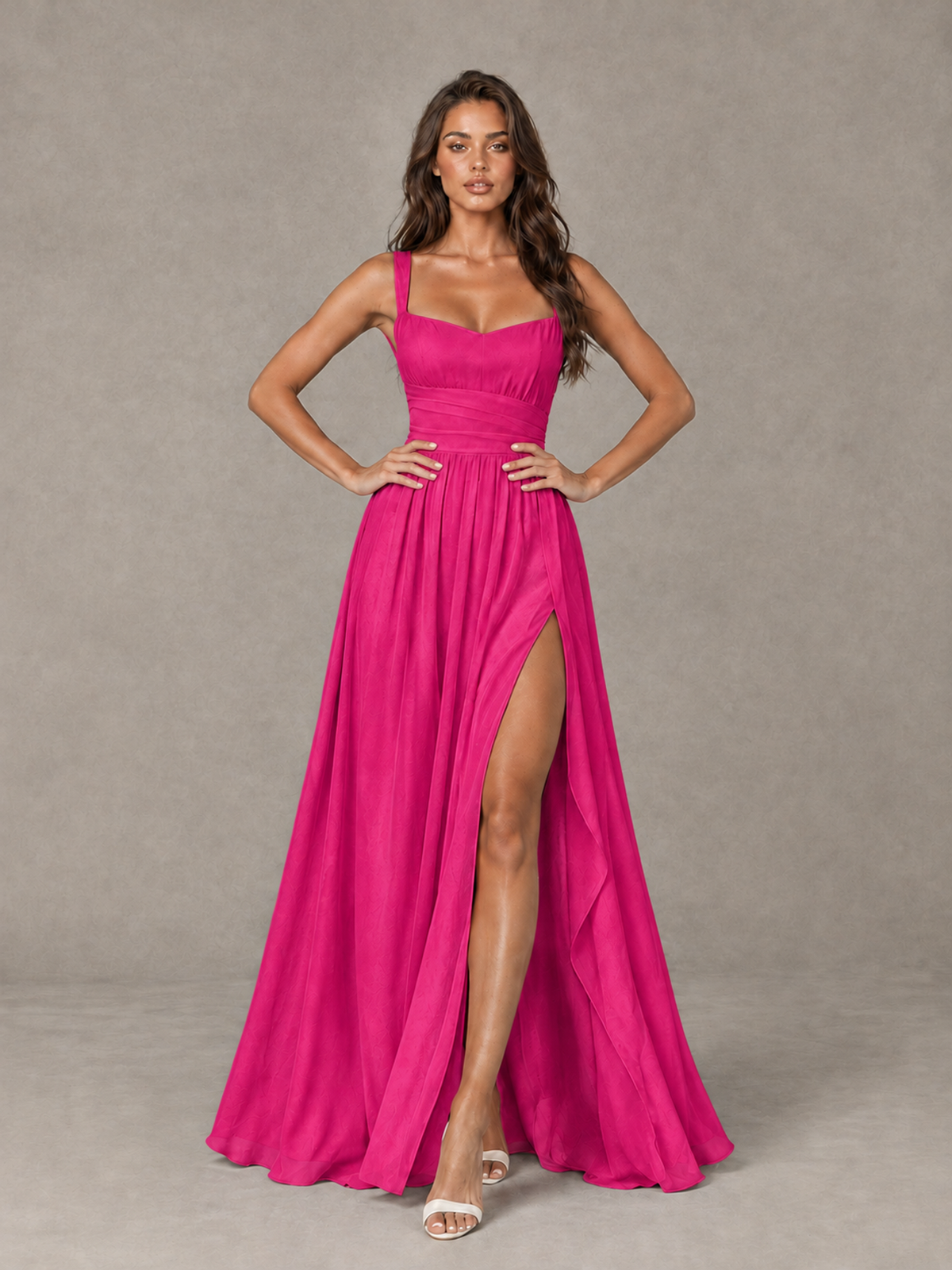 BOLODOO Hot Pink A-Line Bridesmaid Dress with High Slit & Lace-Up Back - Hot Pink - Hot Pink (4)