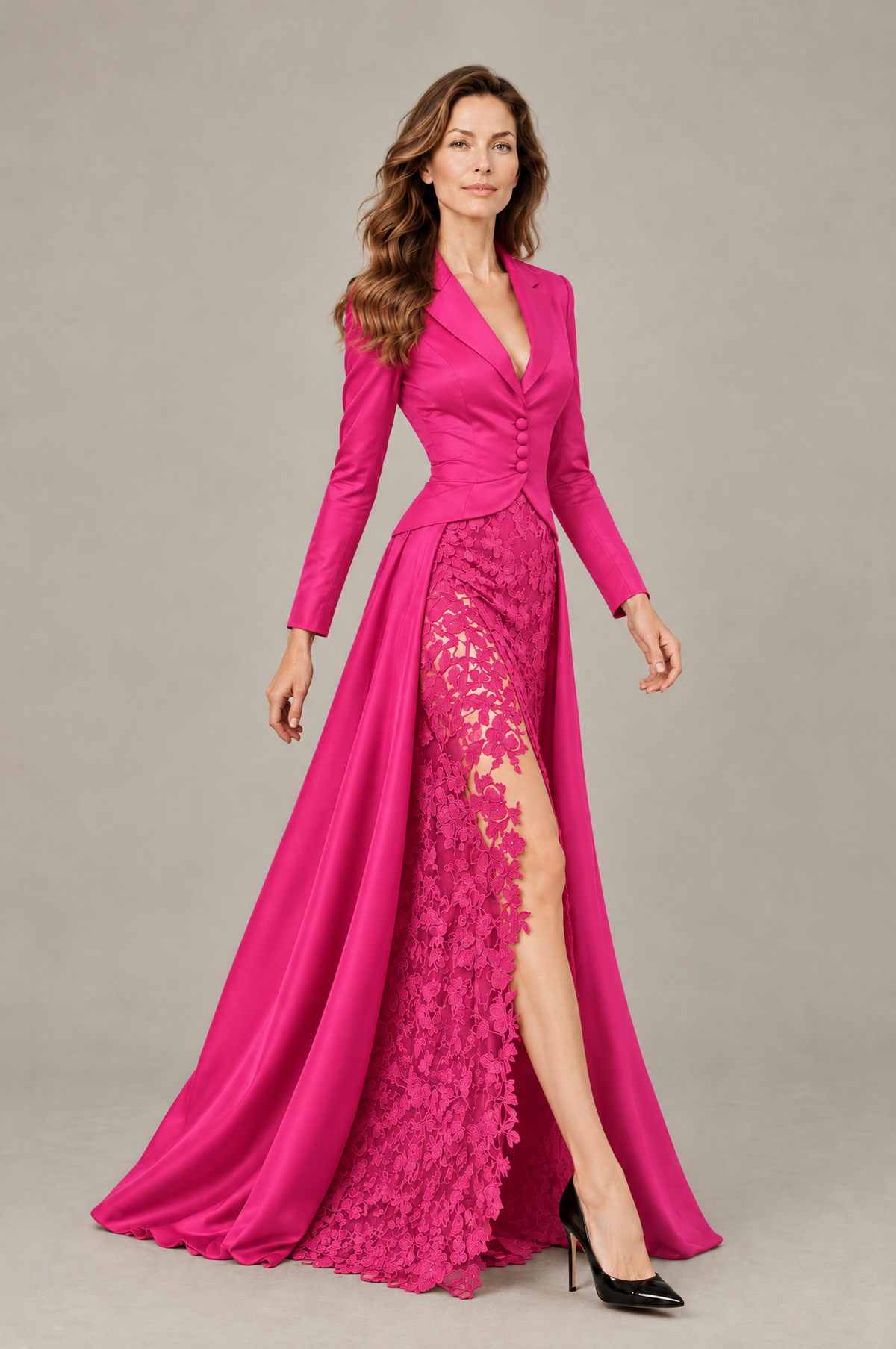 BOLODOO Hot Pink Long Sleeve Lace Blazer Gown with High Slit - Hot Pink - Hot Pink (4)