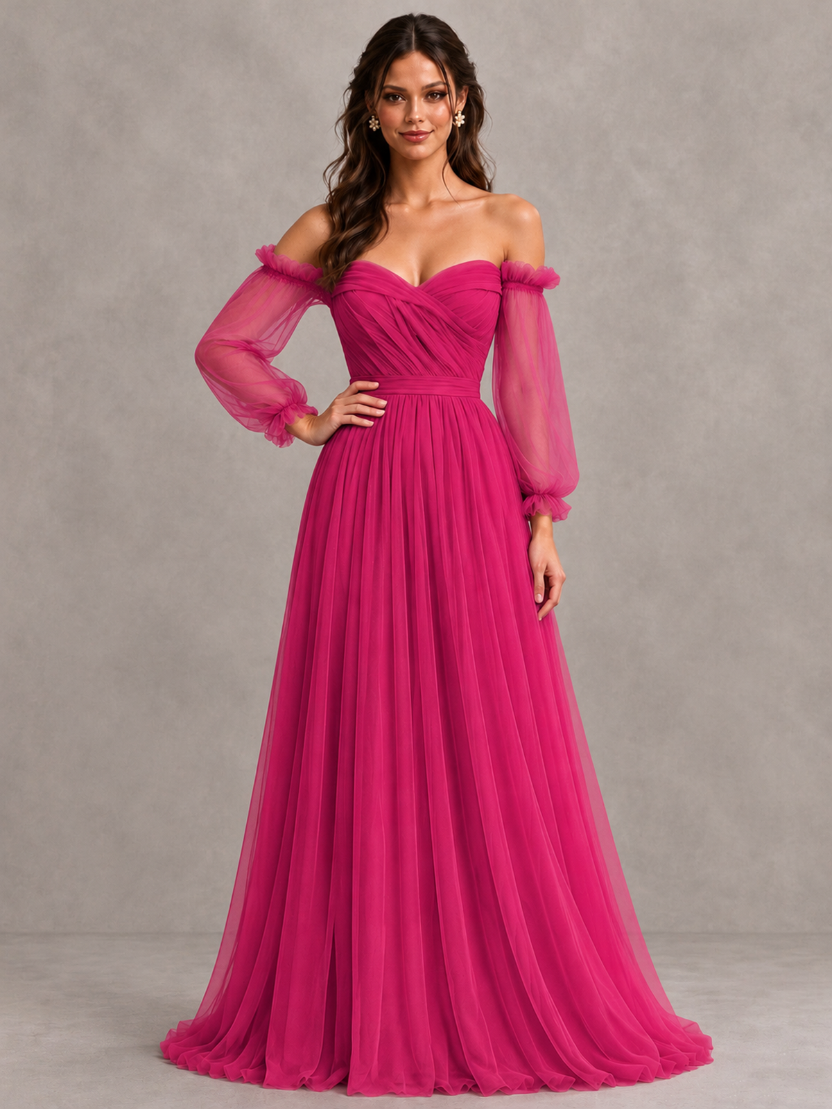 BOLODOO Hot Pink Off-the-Shoulder Long Sleeve A-Line Bridesmaid Dress - Hot Pink - Hot Pink (4)