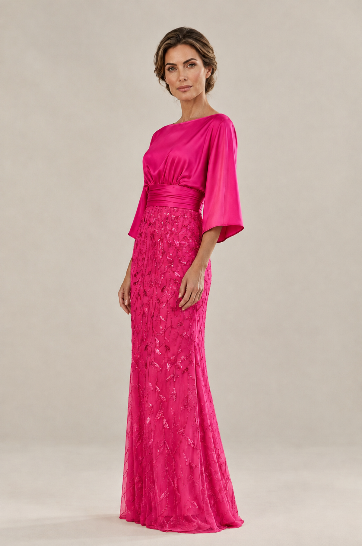 BOLODOO Hot Pink Mother of the Bride Dress with Kimono Sleeves, Satin Bodice & Sequin Embroidered Mermaid Floor-Length Gown - Hot Pink - Hot Pink (4)