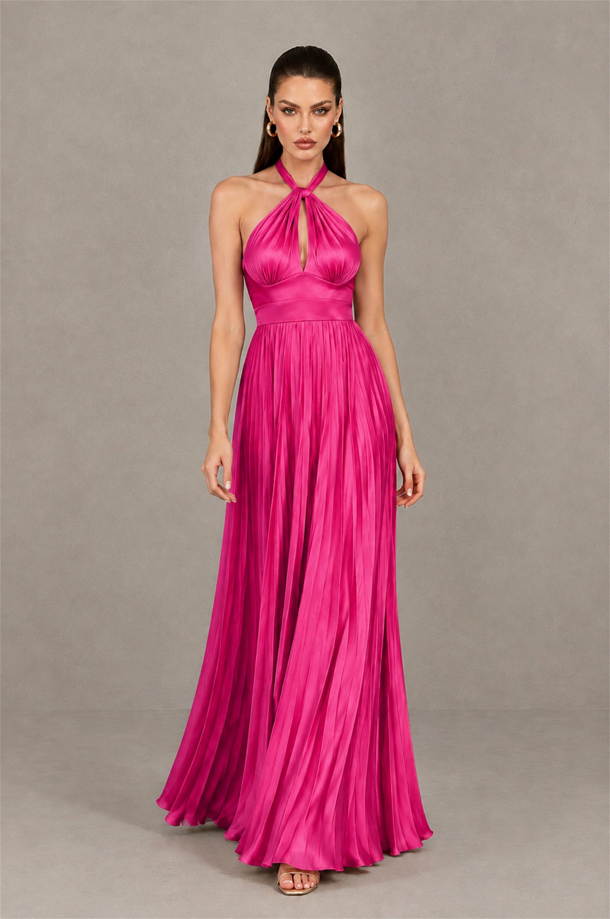 BOLODOO Hot Pink Halter Pleated A-Line Evening Dress - Hot Pink