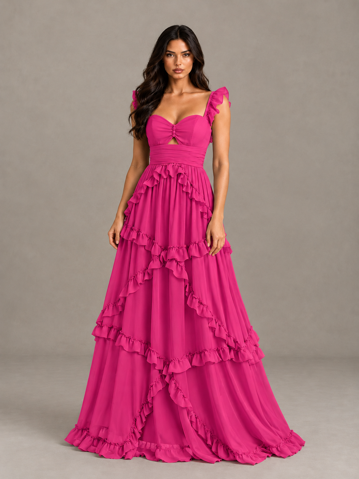BOLODOO Hot Pink Ruffle A-Line Prom Dress with Open Back - Hot Pink - Hot Pink (4)