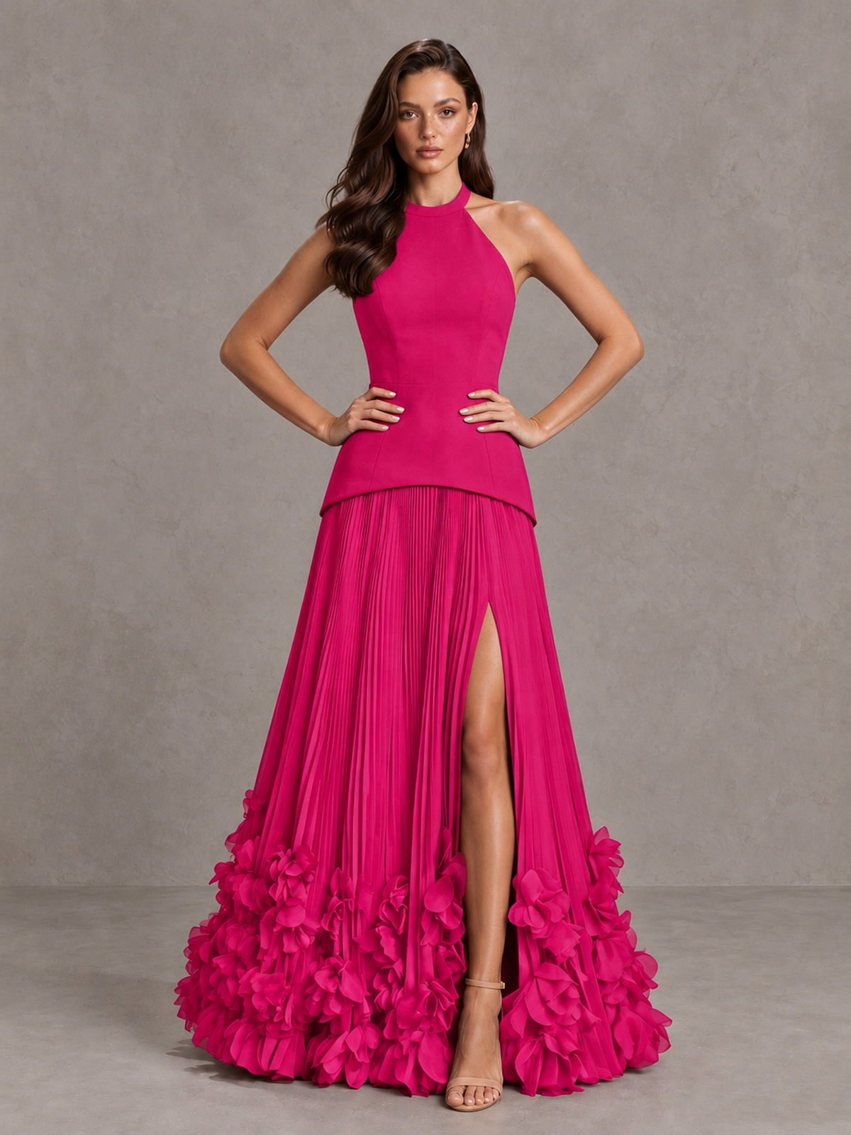 BOLODOO Hot Pink Halter Neck Floor-Length Evening Gown with High Slit & 3D Floral Hem - Hot Pink - Hot Pink (4)