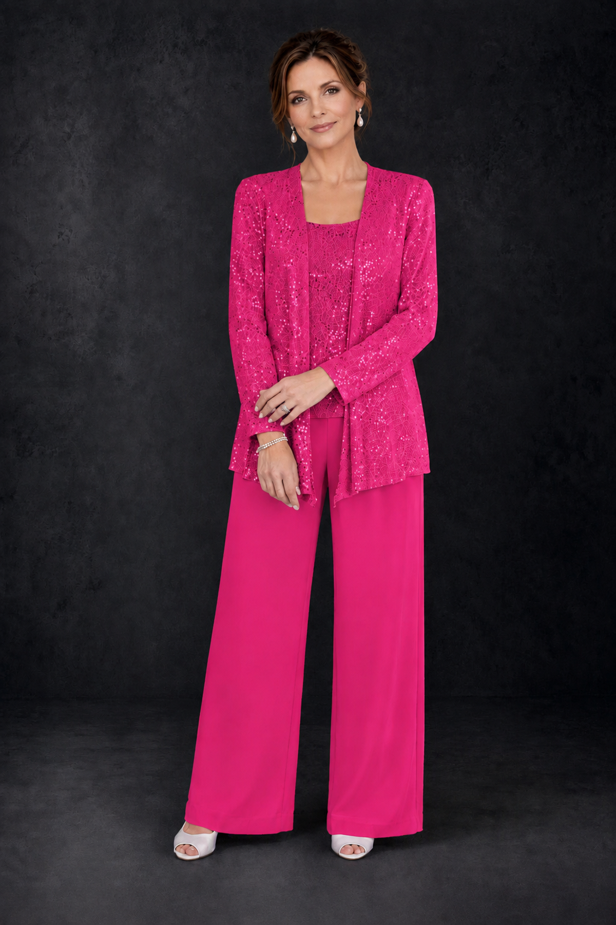 BOLODOO Hot Pink Sequin Lace 3-Piece Pant Suit with Long Sleeve Jacket - Hot Pink - Hot Pink (4)