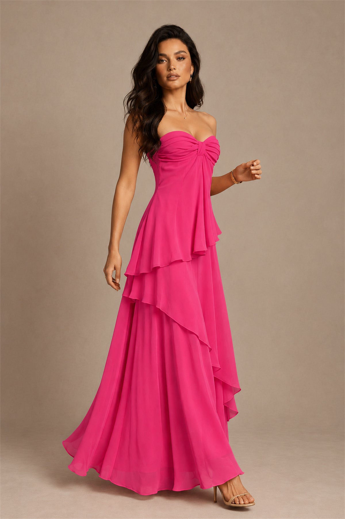 BOLODOO Hot Pink Strapless Sweetheart Knotted Chiffon Tiered Maxi Dress with Lace-Up Back - Hot Pink
