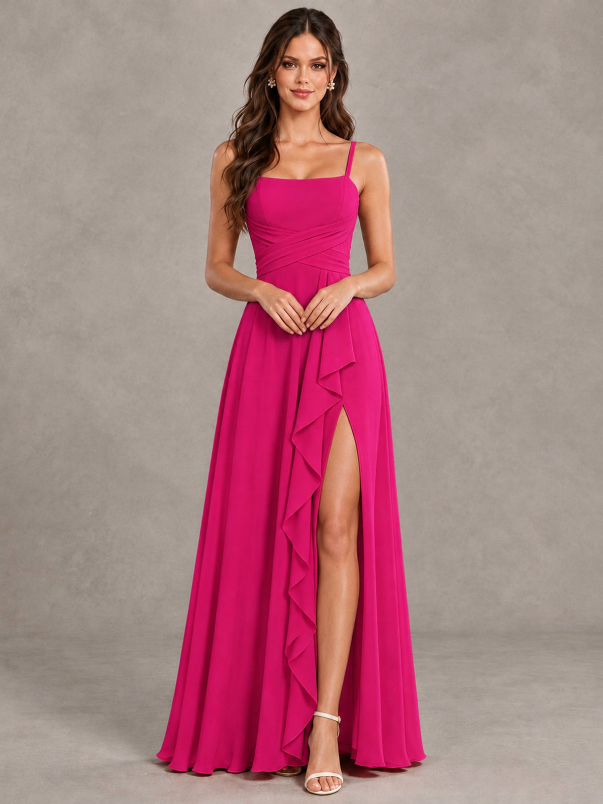 BOLODOO Hot Pink Spaghetti Strap Ruffle Bridesmaid Dress with Slit - Hot Pink - Hot Pink (4)