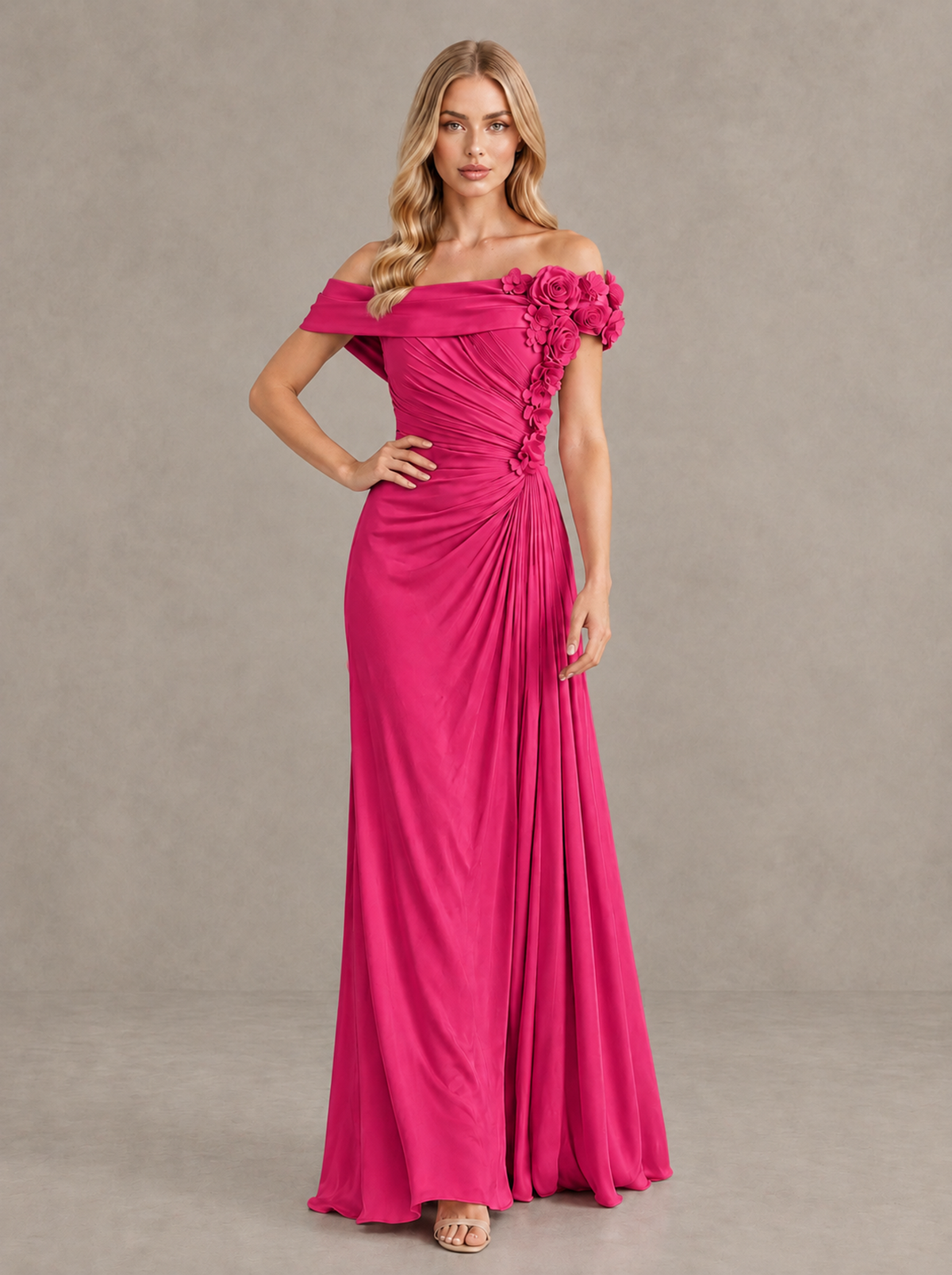 BOLODOO Hot Pink Off-Shoulder Floral Applique Wedding Guest Maxi Dress - Hot Pink - Hot Pink (4)