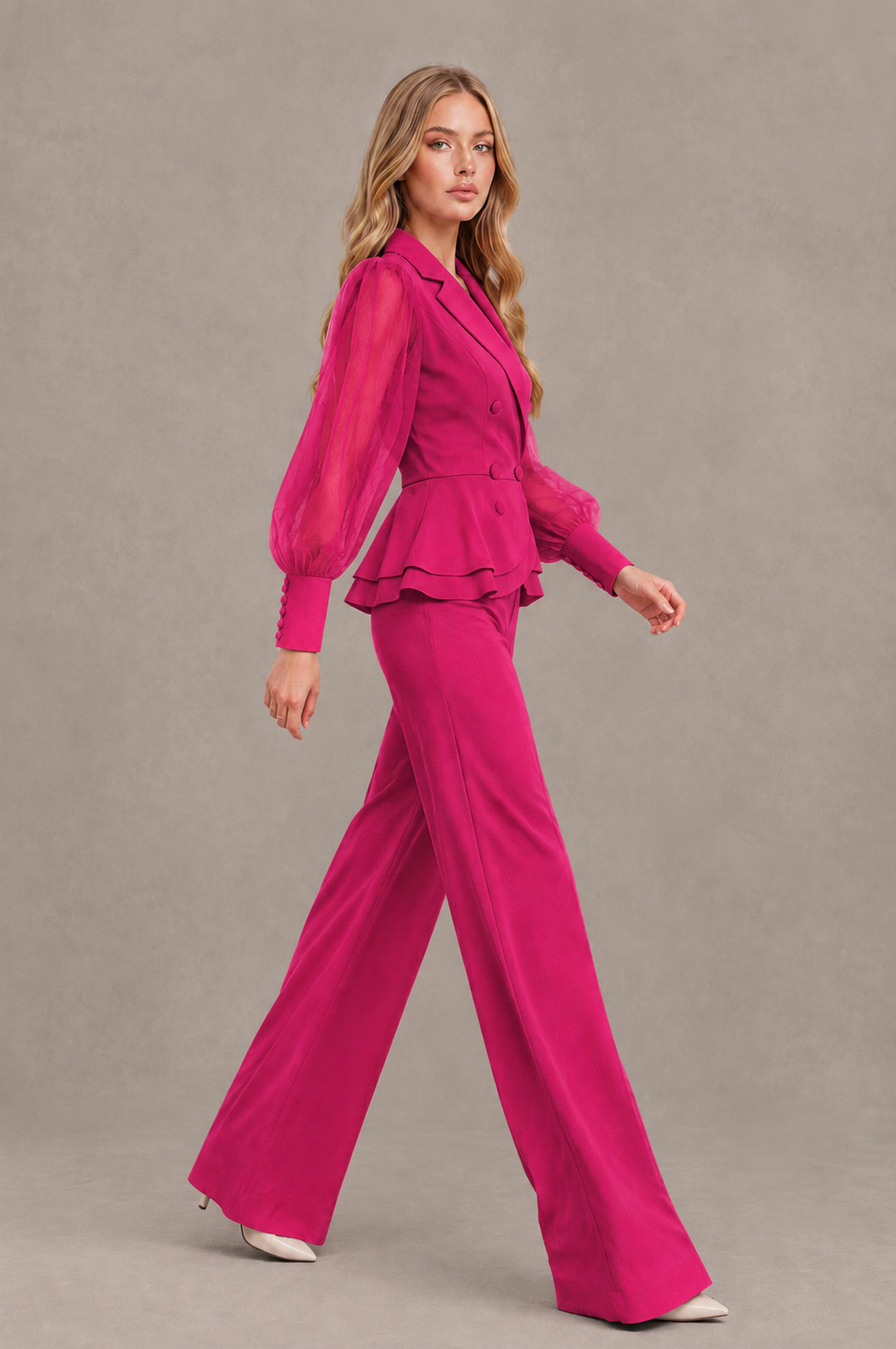 BOLODOO Mint Hot Pink Peplum Blazer Wide-Leg Pantsuit with Sheer Puff Sleeves - Hot Pink