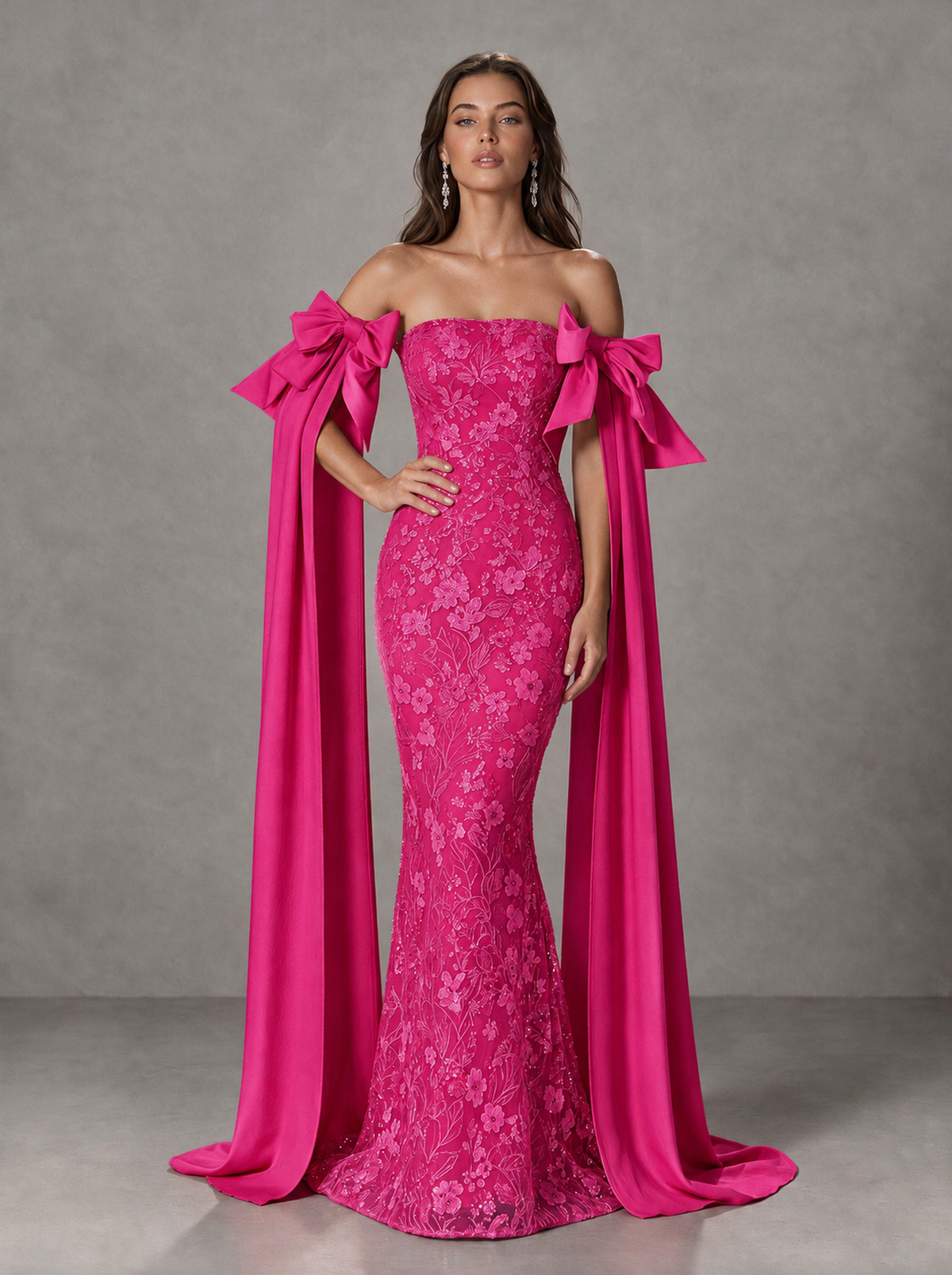 BOLODOO Hot Pink Floral Lace Mermaid Prom Dress with Off-Shoulder Bows - Hot Pink - Hot Pink (4)