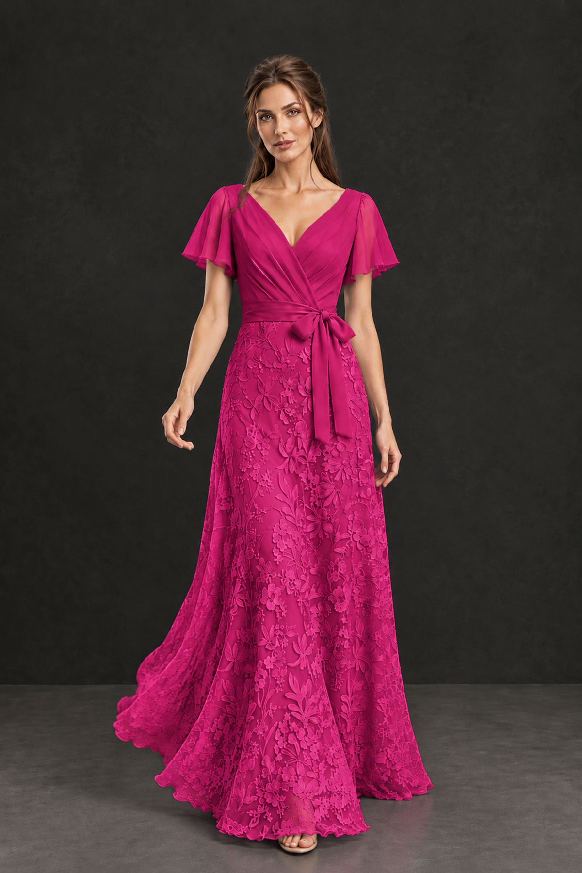 BOLODOO Hot Pink Flutter Sleeve Lace Mother of the Bride Dress - Hot Pink