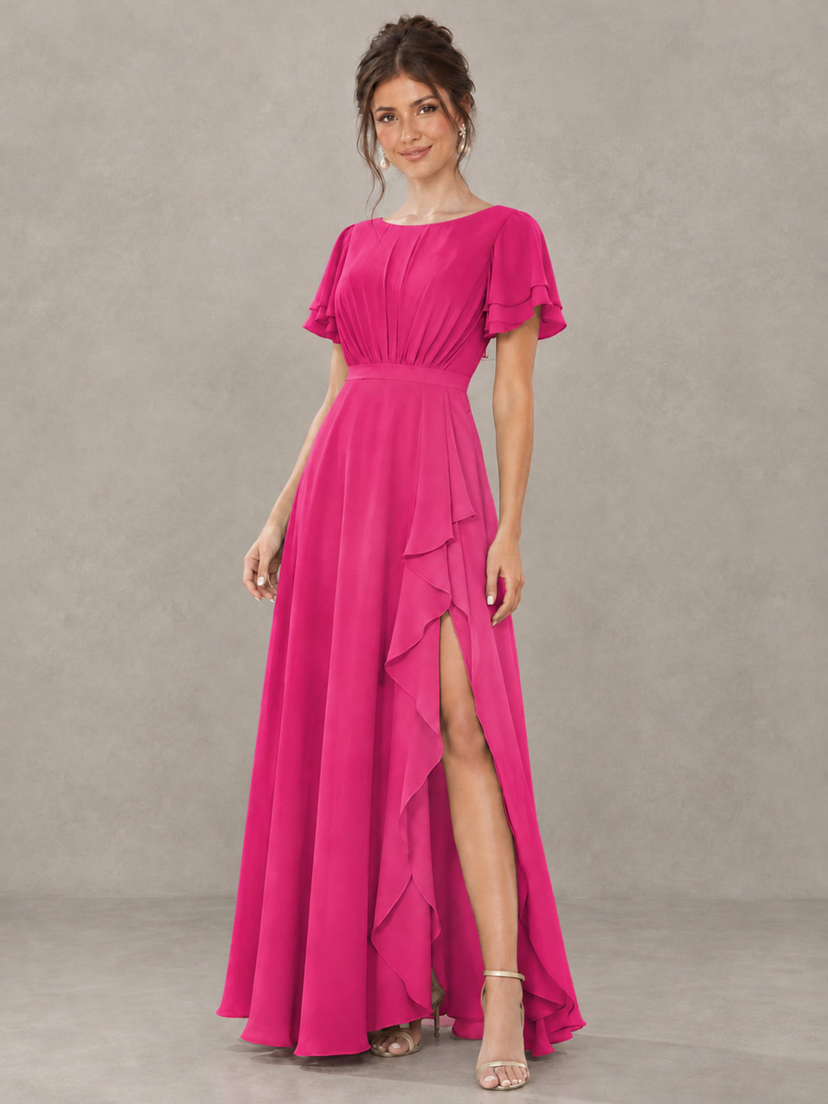 BOLODOO Hot Pink Flutter Sleeve Ruffle Bridesmaid Dress with Slit - Hot Pink - Hot Pink (4)
