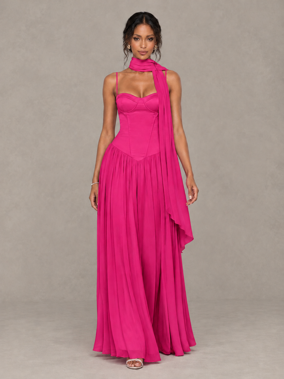 BOLODOO Hot Pink Corset Bridesmaid Dress with Scarf - Hot Pink - Hot Pink (4)