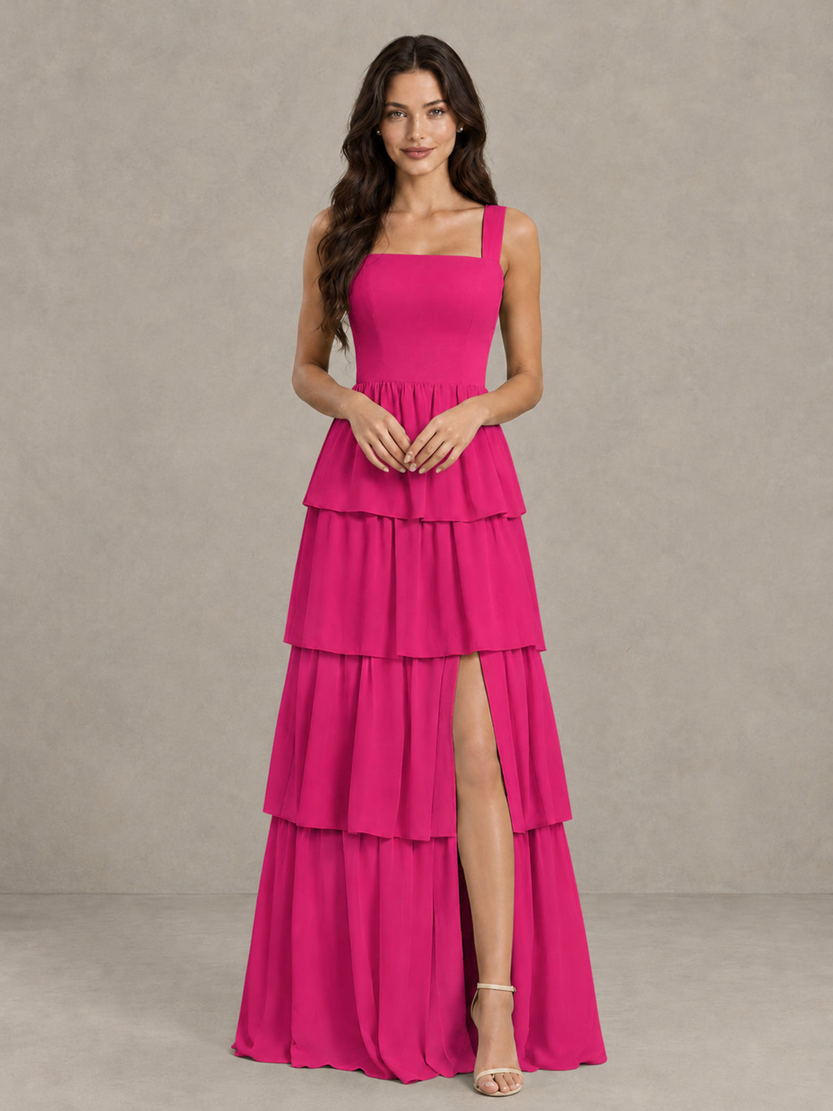 BOLODOO Hot Pink Square Neck Tiered Bridesmaid Dress with Slit - Hot Pink - Hot Pink (4)