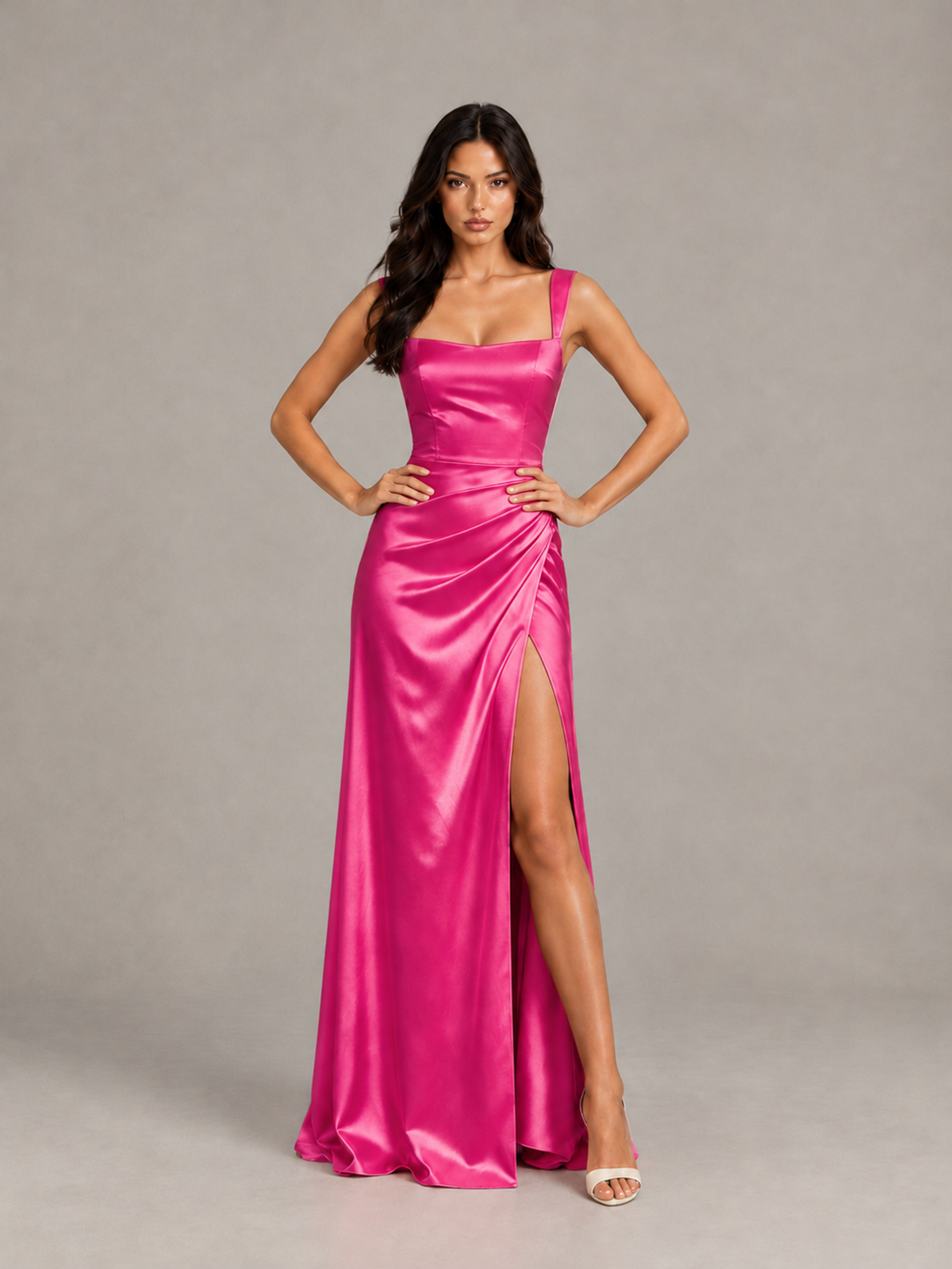 BOLODOO Hot Pink Satin Lace-Up Bridesmaid Dress with Slit - Hot Pink - Hot_Pink (4)