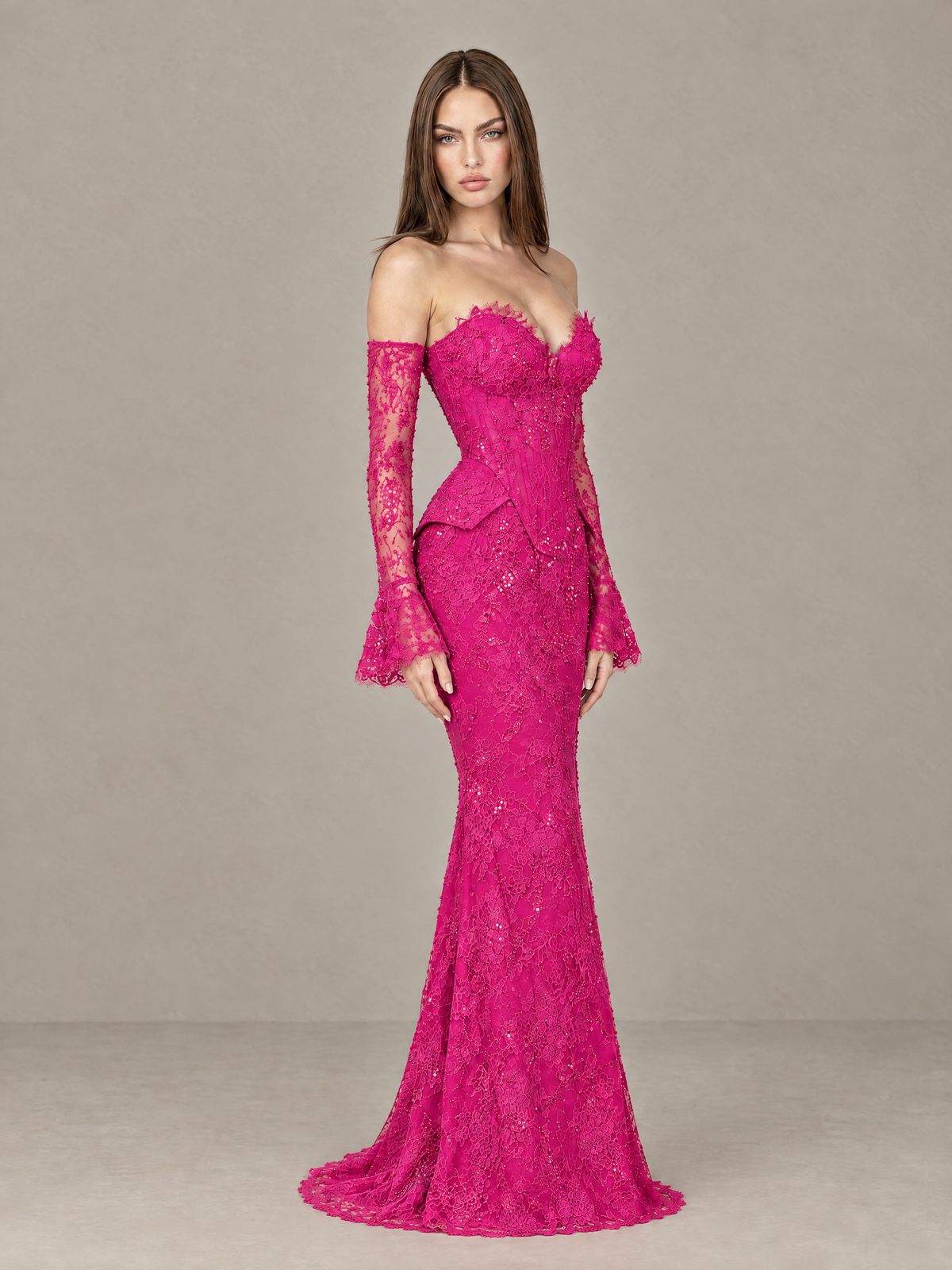 BOLODOO Hot Pink Lace Off-the-Shoulder Long Sleeve Mermaid Evening Gown - Hot Pink - Hot Pink (4)