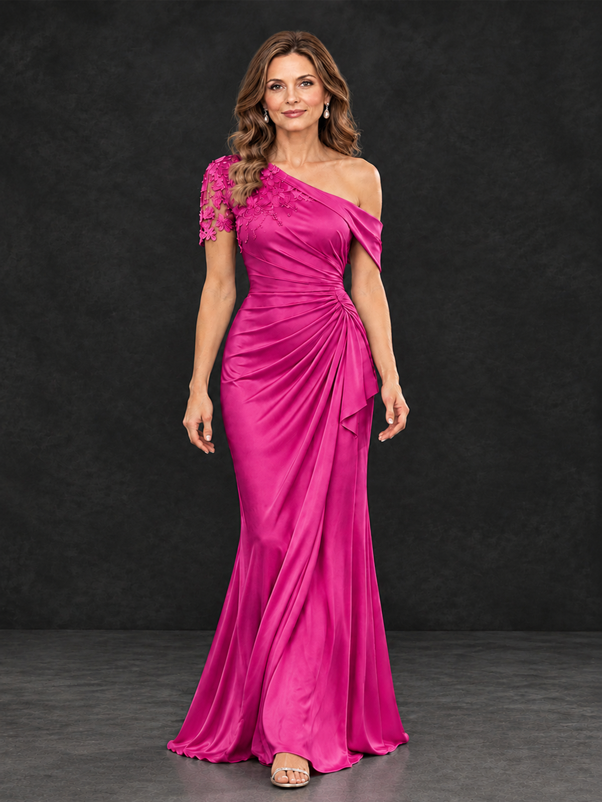 BOLODOO Hot Pink Asymmetric Satin Mother of the Bride Dress with Lace Sleeve - Hot Pink - Hot Pink (4)