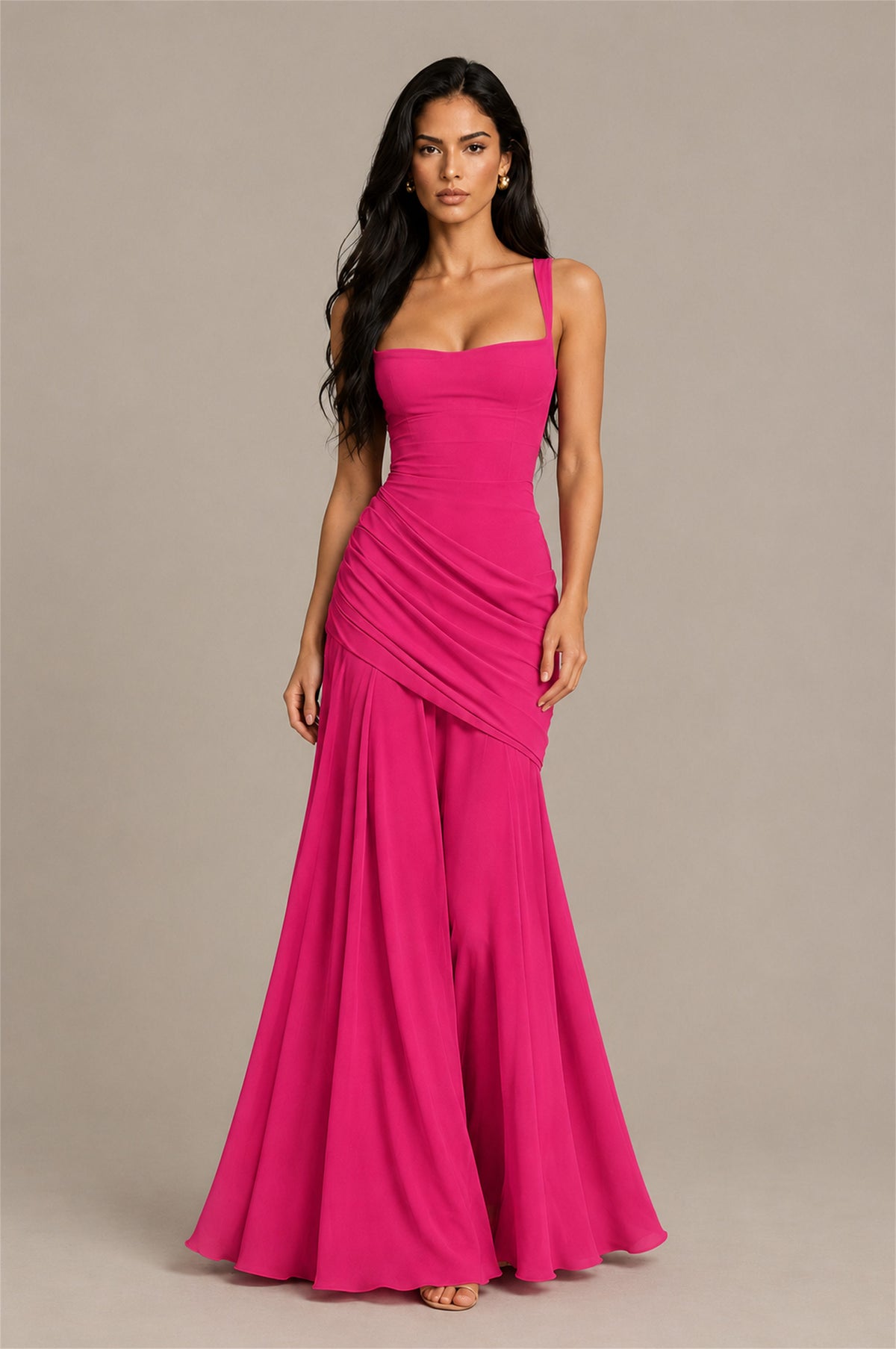 BOLODOO Square Neck Ruched A-Line Maxi Dress - Hot Pink Backless Evening Gown - Hot Pink