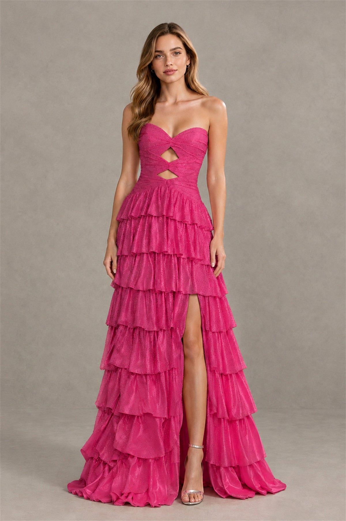 BOLODOO Hot Pink Strapless Cutout Tiered Ruffle Prom Dress with High Slit - Hot Pink - Hot Pink (4)