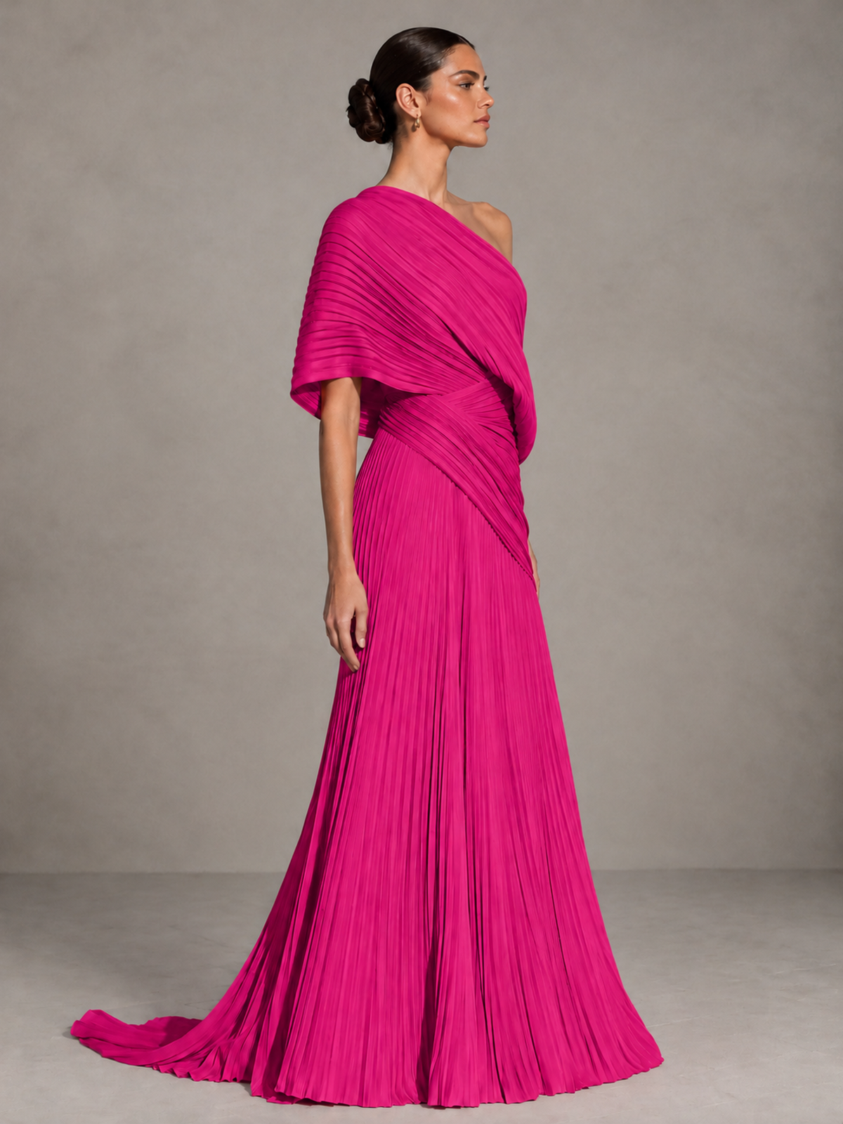 BOLODOO Hot Pink One-Shoulder Pleated Cape Evening Gown with Train - Hot Pink - Hot Pink (4)