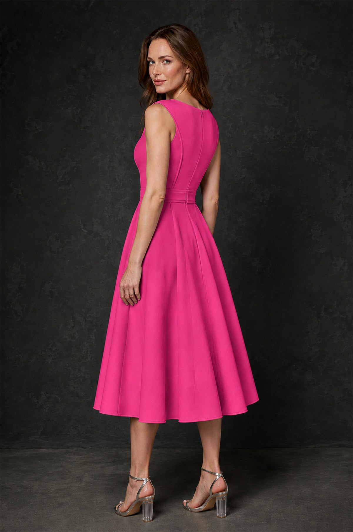 BOLODOO Hot Pink 3D Rosette Appliqué 3/4 Sleeve Jacket & V-Notch Sleeveless A-Line Tea-Length Two-Piece Dress Set - Hot Pink