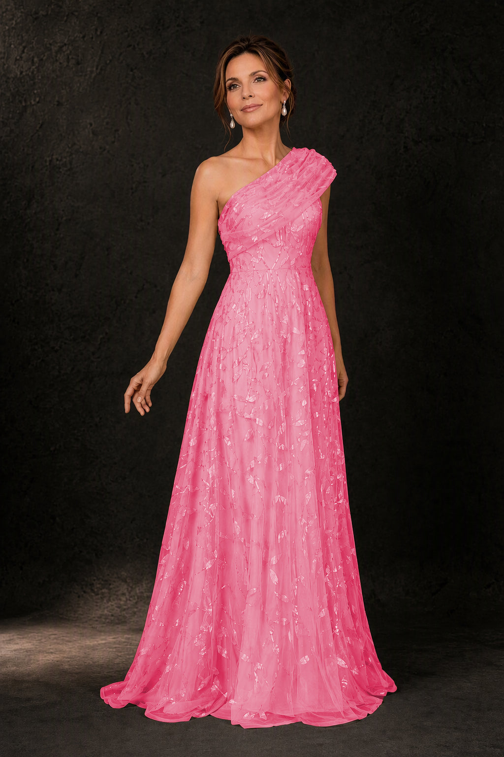 BOLODOO Hot Pink Leaf Sequin One-Shoulder A-Line Maxi Gown – Mother of the Bride & Formal Evening Dress - Hot Pink