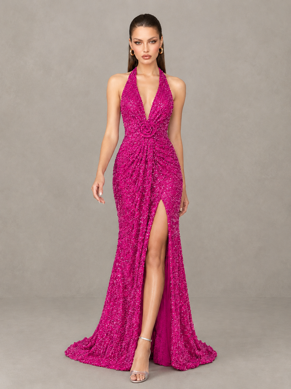 BOLODOO Hot Pink Sequin Halter Open Back Evening Gown with High Slit - Hot Pink - Hot Pink (4)