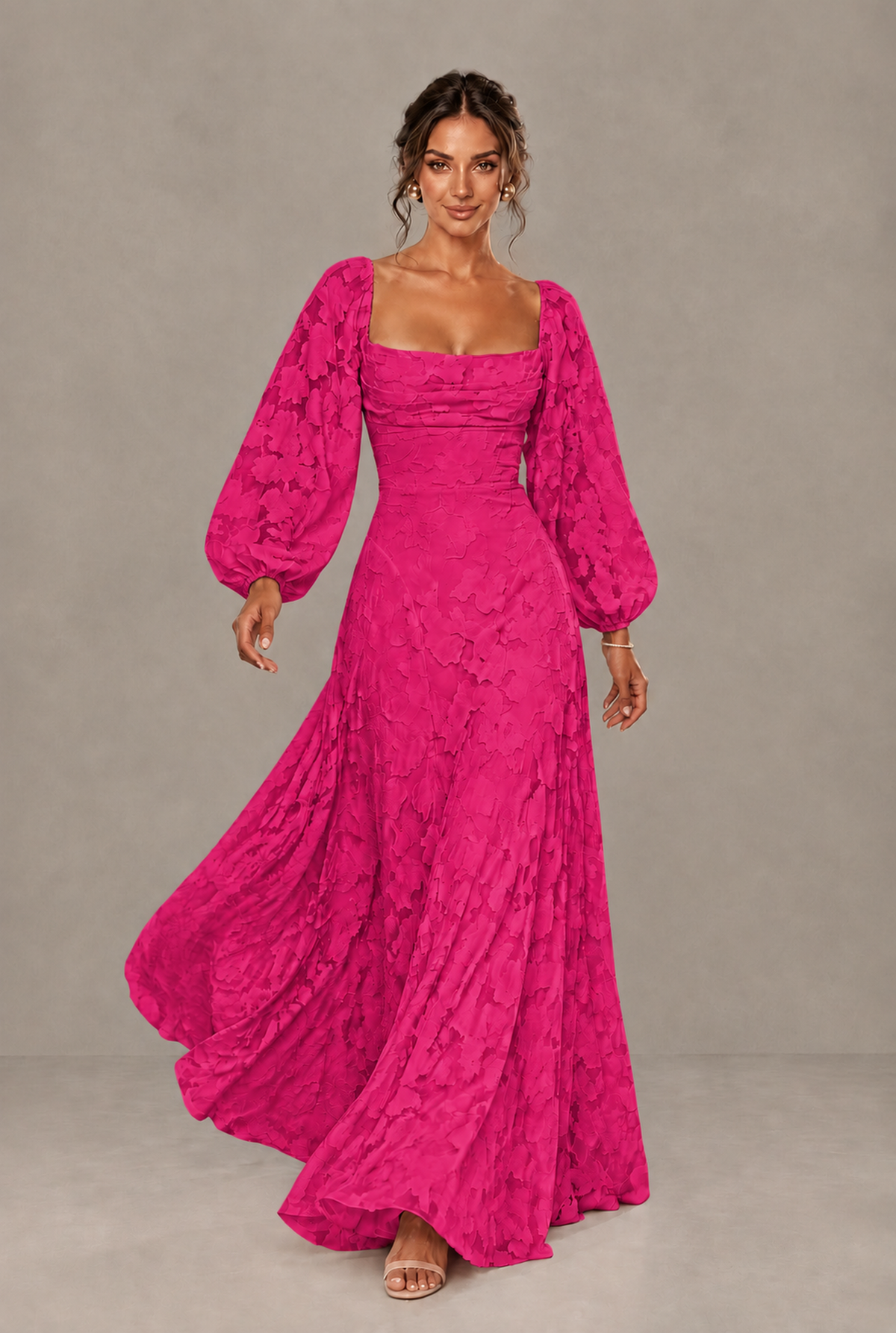 BOLODOO Floral Hot Pink Long Sleeve A-Line Dress with Lace-Up Back - Hot Pink