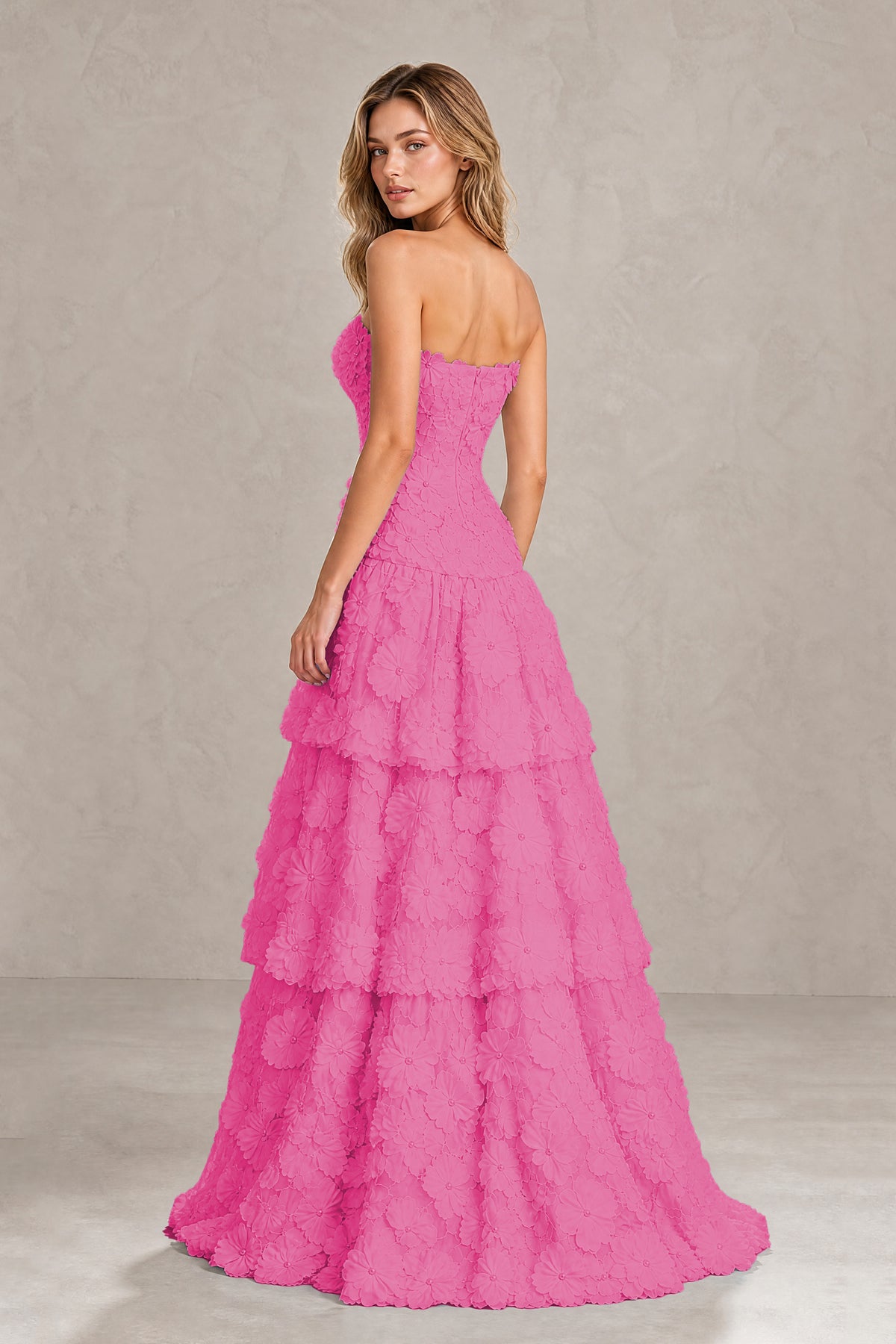 BOLODOO Hot Pink Strapless 3D Floral Tiered Evening Gown - Hot Pink