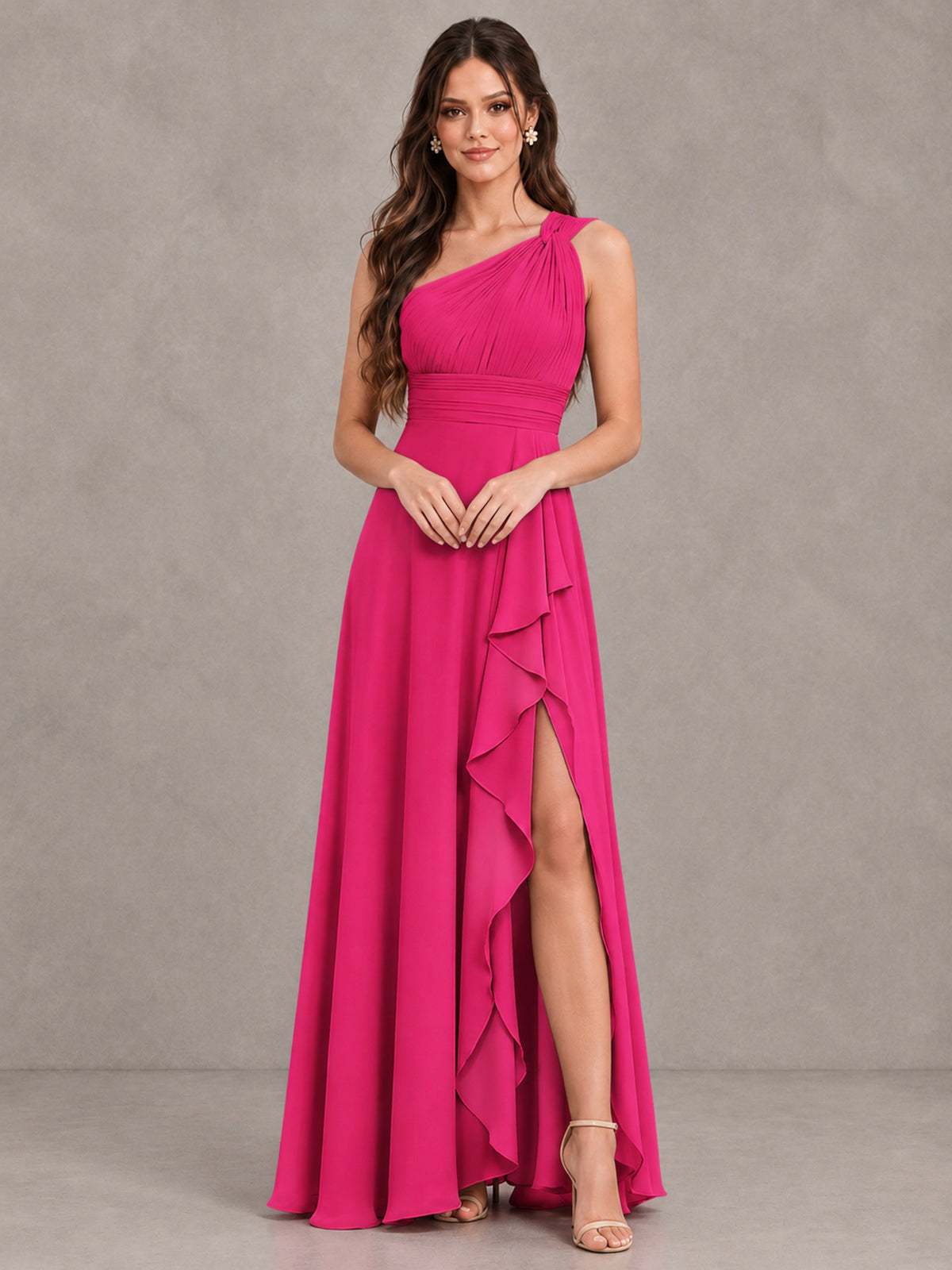 BOLODOO Hot Pink One-Shoulder Ruffle Bridesmaid Dress with Slit - Hot Pink - Hot Pink (4)